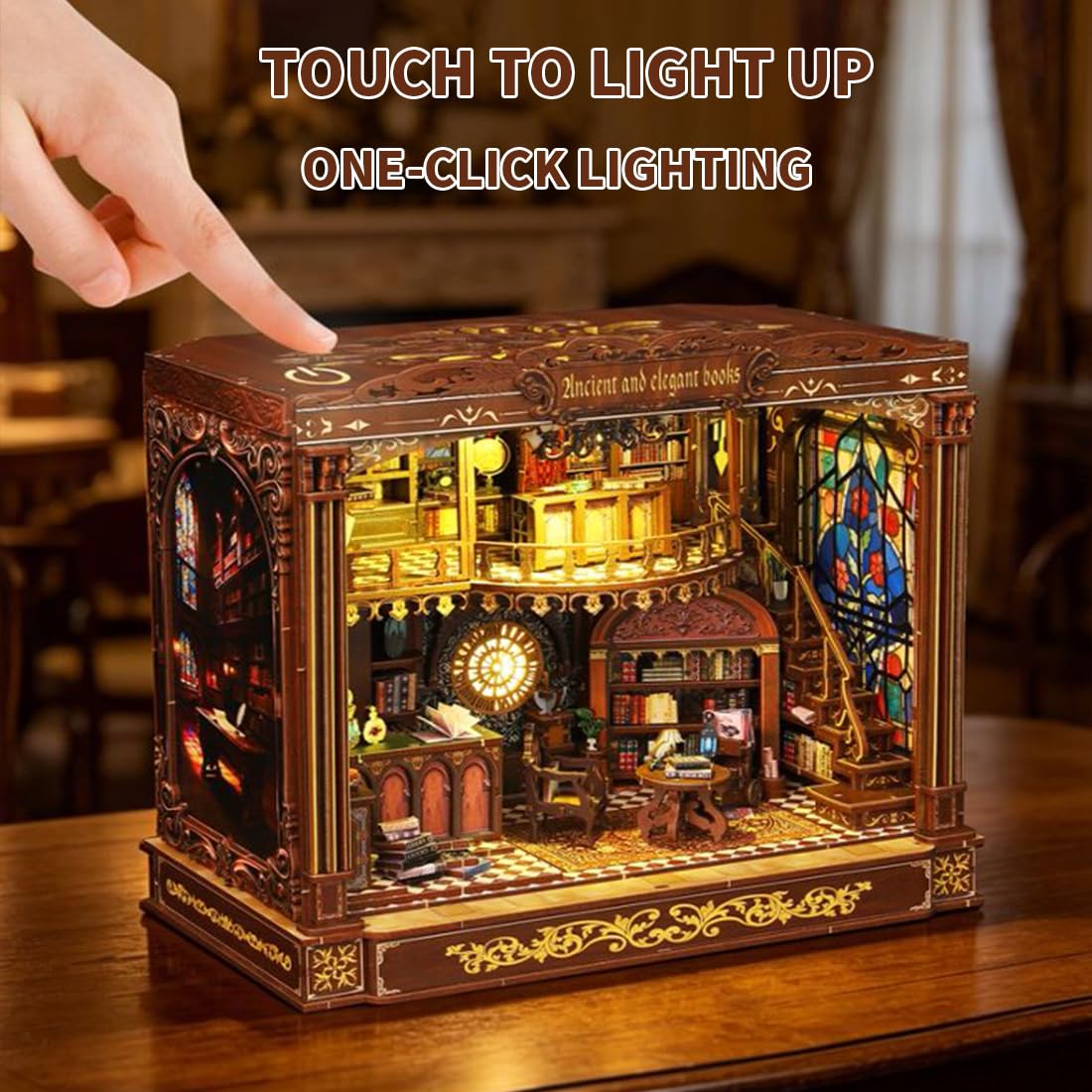 Das Beste Geschenk:DIY Miniatur Holzhaus Bücherregal-Nook Kit mit LED-Beleuchtung Holz 3D Puzzle Bücherregal，Kreatives Bastelset Kreative Dekofigur (mit Staubschutzkappe)