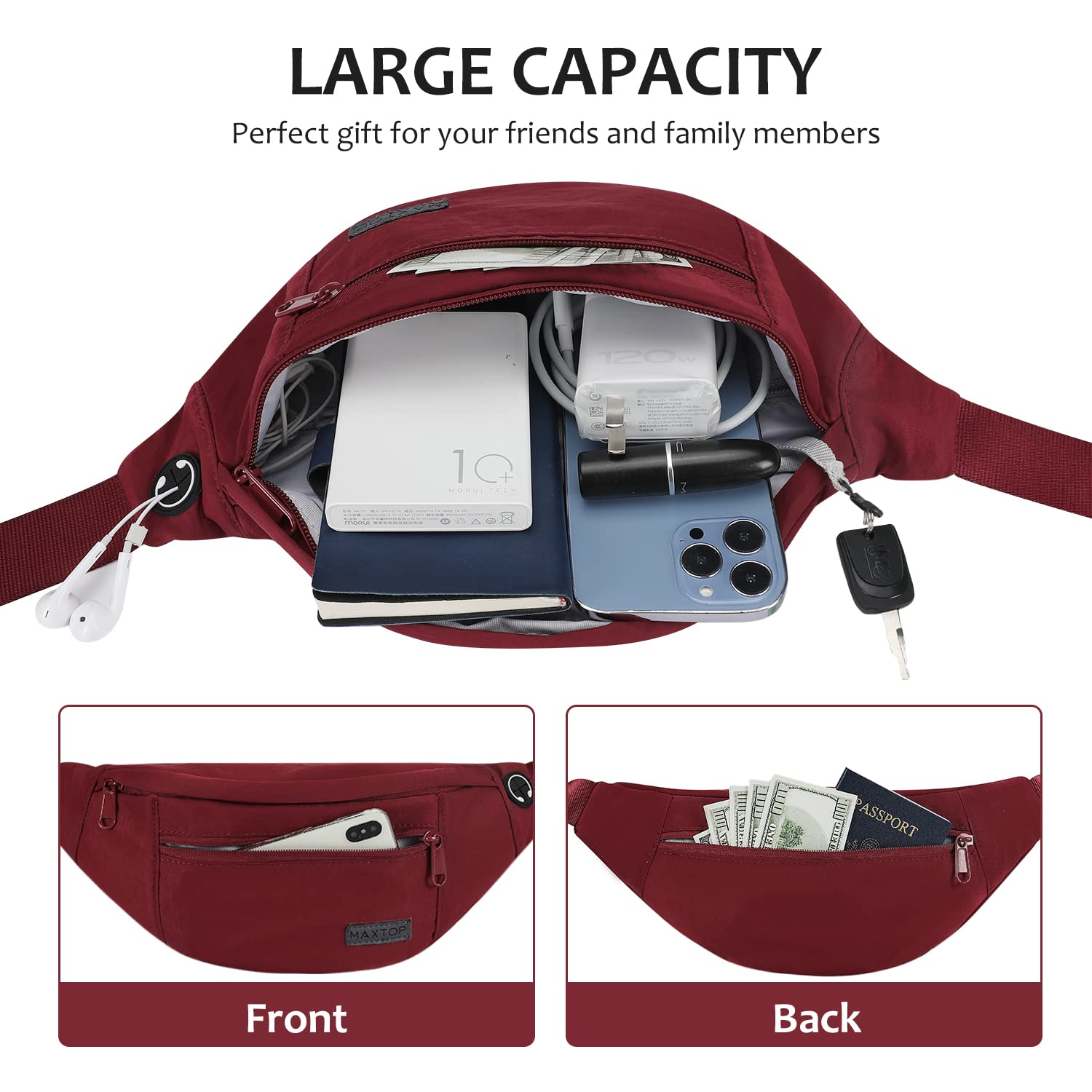 MAXTOP Marsupio grande per donna e uomo, marsupio con attacco per cuffie e 4 tasche con zip, cintura regolabile per ciclismo, corsa, jogging, viaggio, outdoor, allenamento