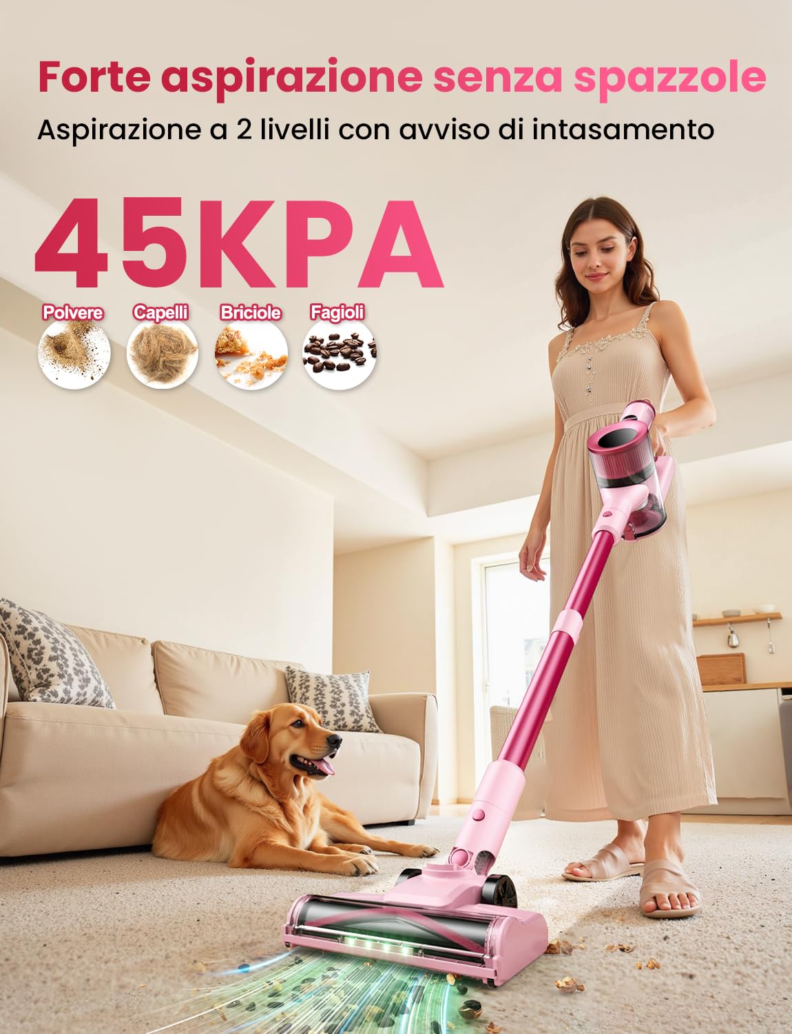 Aspirapolvere Senza Fili, 45KPa 50Mins Scopa Elettrica Senza Fili con Autoportante, Display LED intelligente,Leggero aspirapolvere ricaricabile antigroviglio,Potente per Pavimenti/Tappeti/Peli Animali