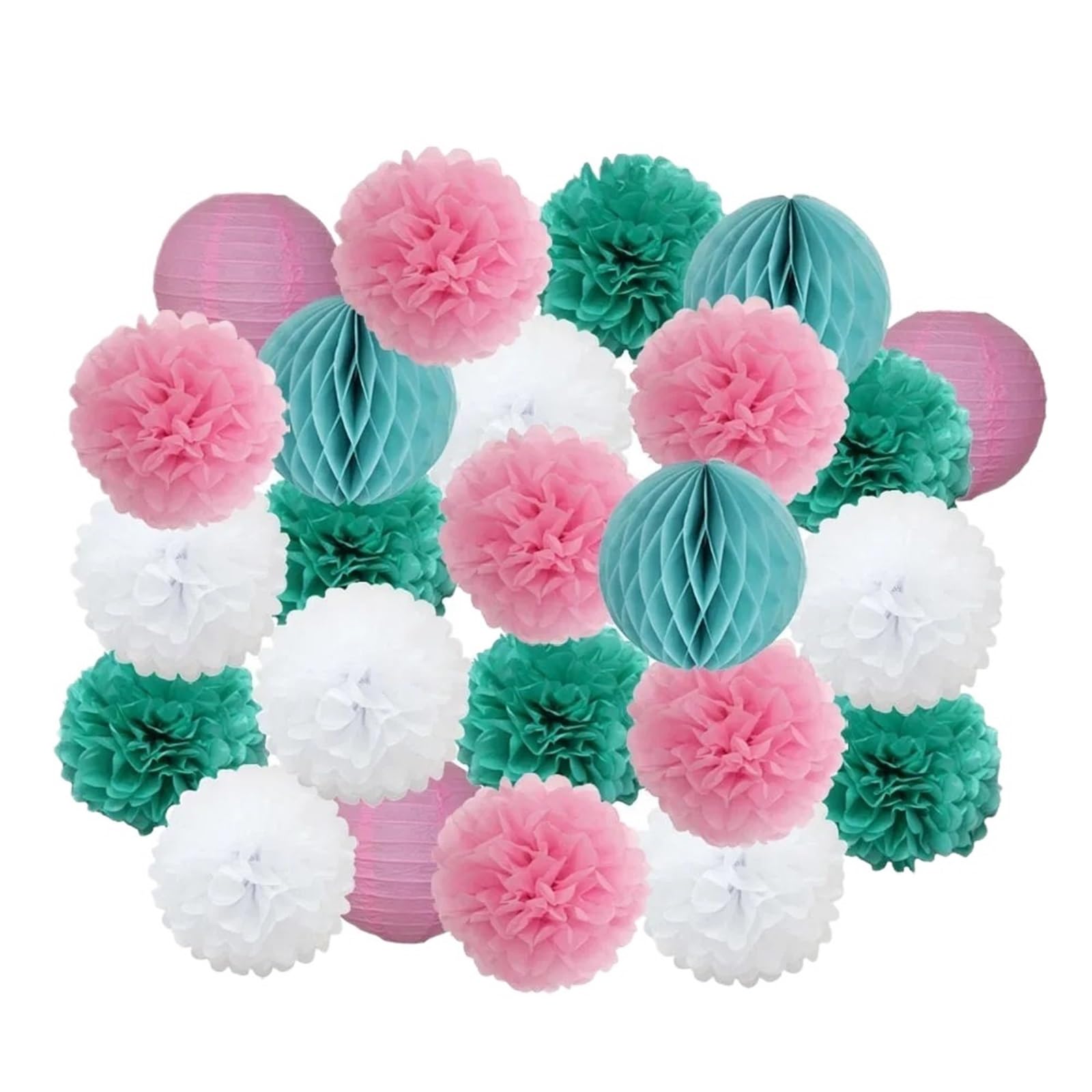 Paper Lanterns Boy Girl Birthday Party Favor Pink White Set Round Paper Ball Lantern Folding Baptism Wedding Decor Pompom(Pink Mint Set,8inch(20cm))