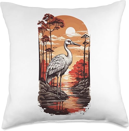 Ostasiatische Ästhetik Vogel Kranich Design Cojín de estilo artístico de estilo retro para amantes de los pájaros de Asia oriental, 18 x 18