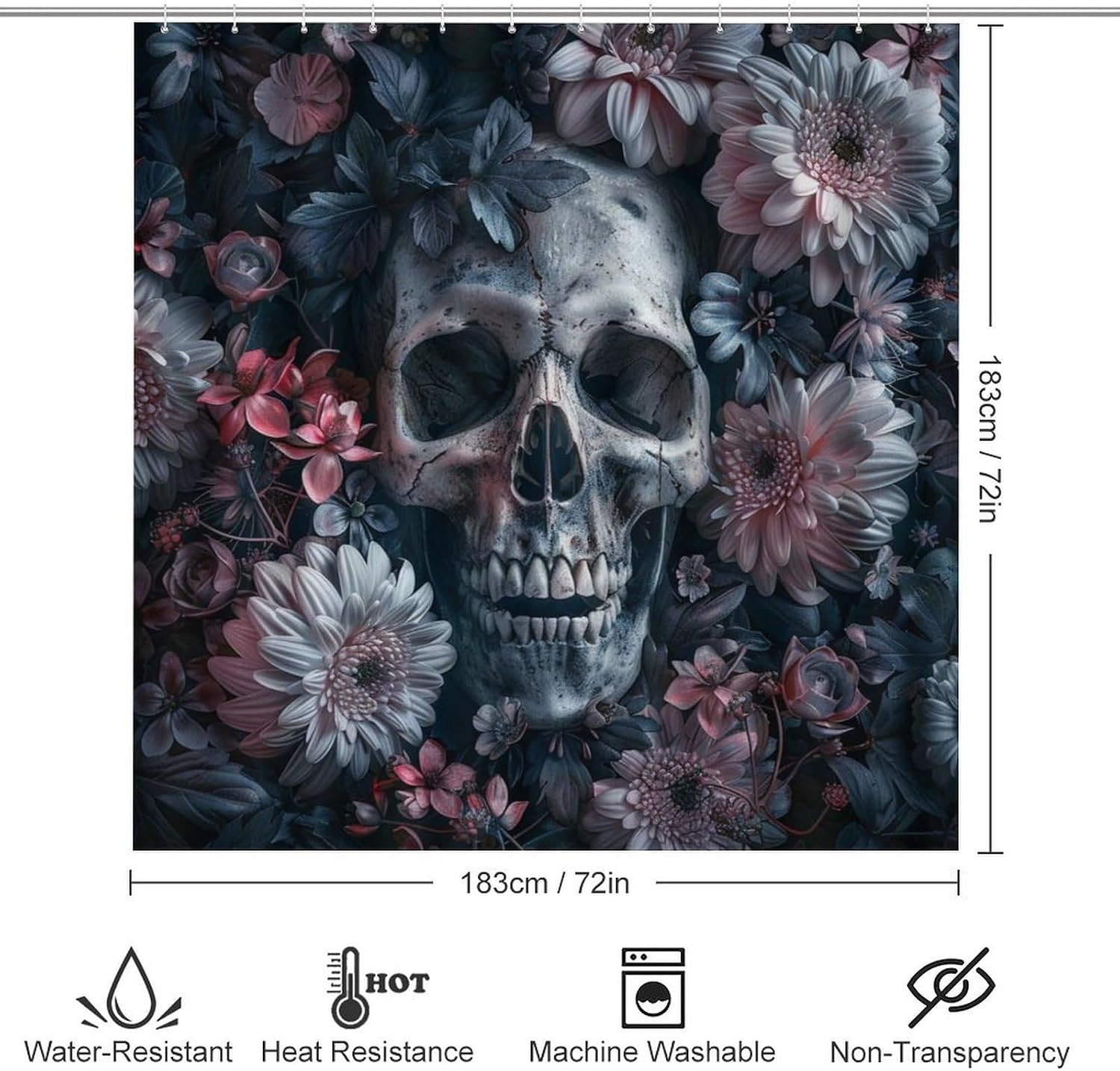 4Pcs Vintage Skull Fantasy Shower Curtain Set, Non-Slip Rugs Toilet Lid Cover Bath Mat, Gothic Skeleton Floral Rustic Plants Bathroom Shower Decor Sets Accessories, 72" x 72"
