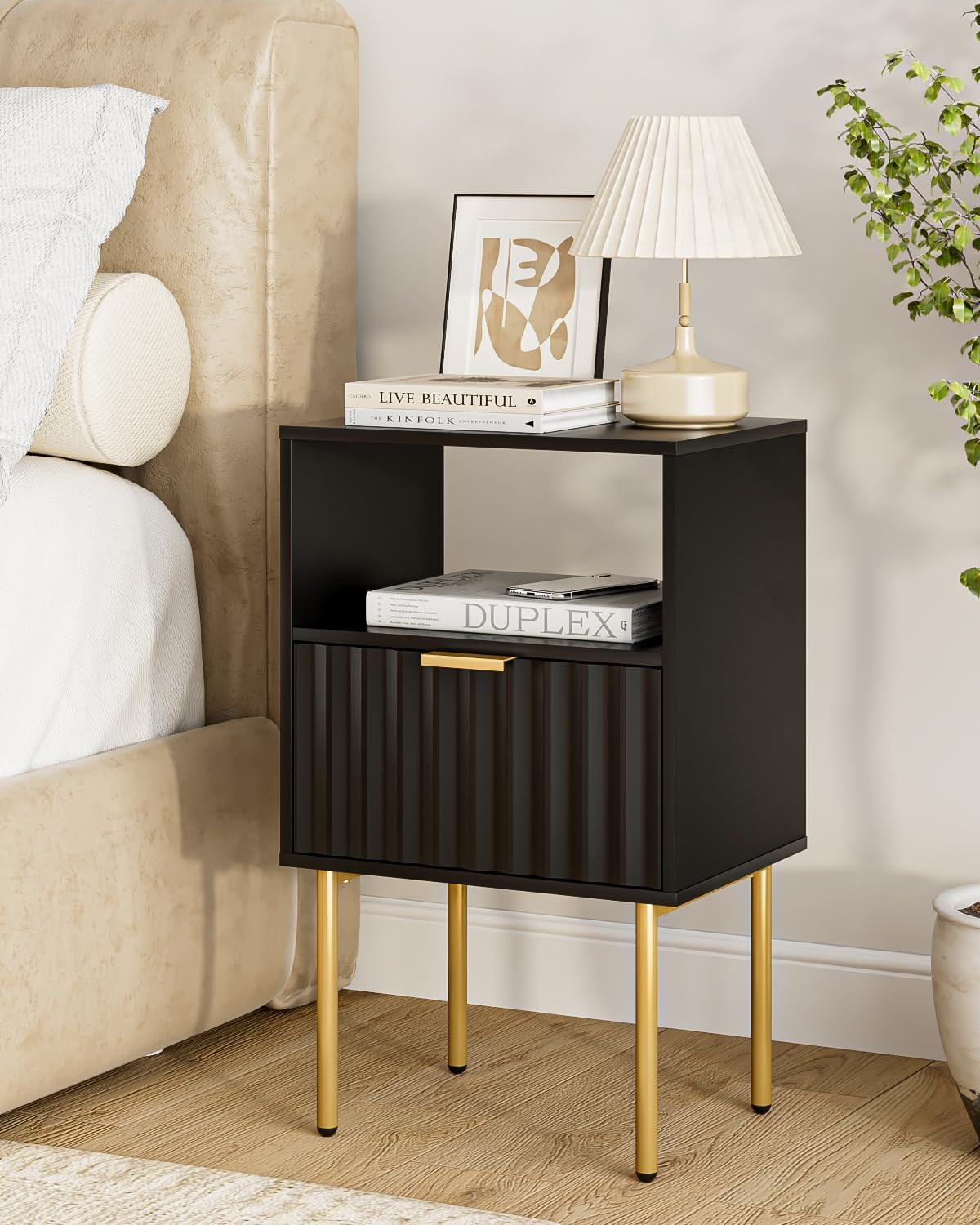 Nightstand,Modern Bedside Table with Gold Frame,White Night Stand,Bedside Furniture, Modern Side Table with Drawer and Shelf for Bedroom (Black)