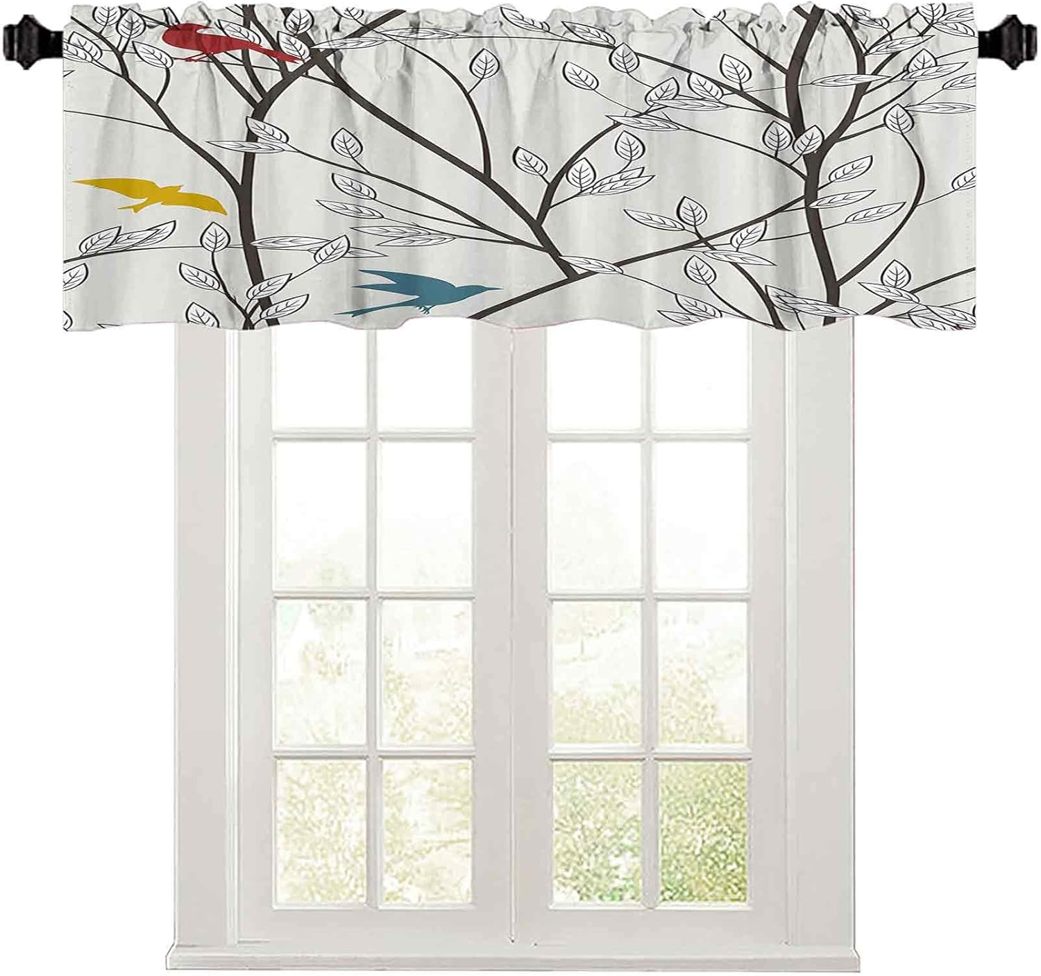 Rod Pocket Kitchen Valance Curtain, 50"W x 18"L Palm Trees Tropical Island Beach Nature Paradise Wooden Windows Scene Small Window Valance Curtains Home Decor Blue Aqua Turquoise Green and White