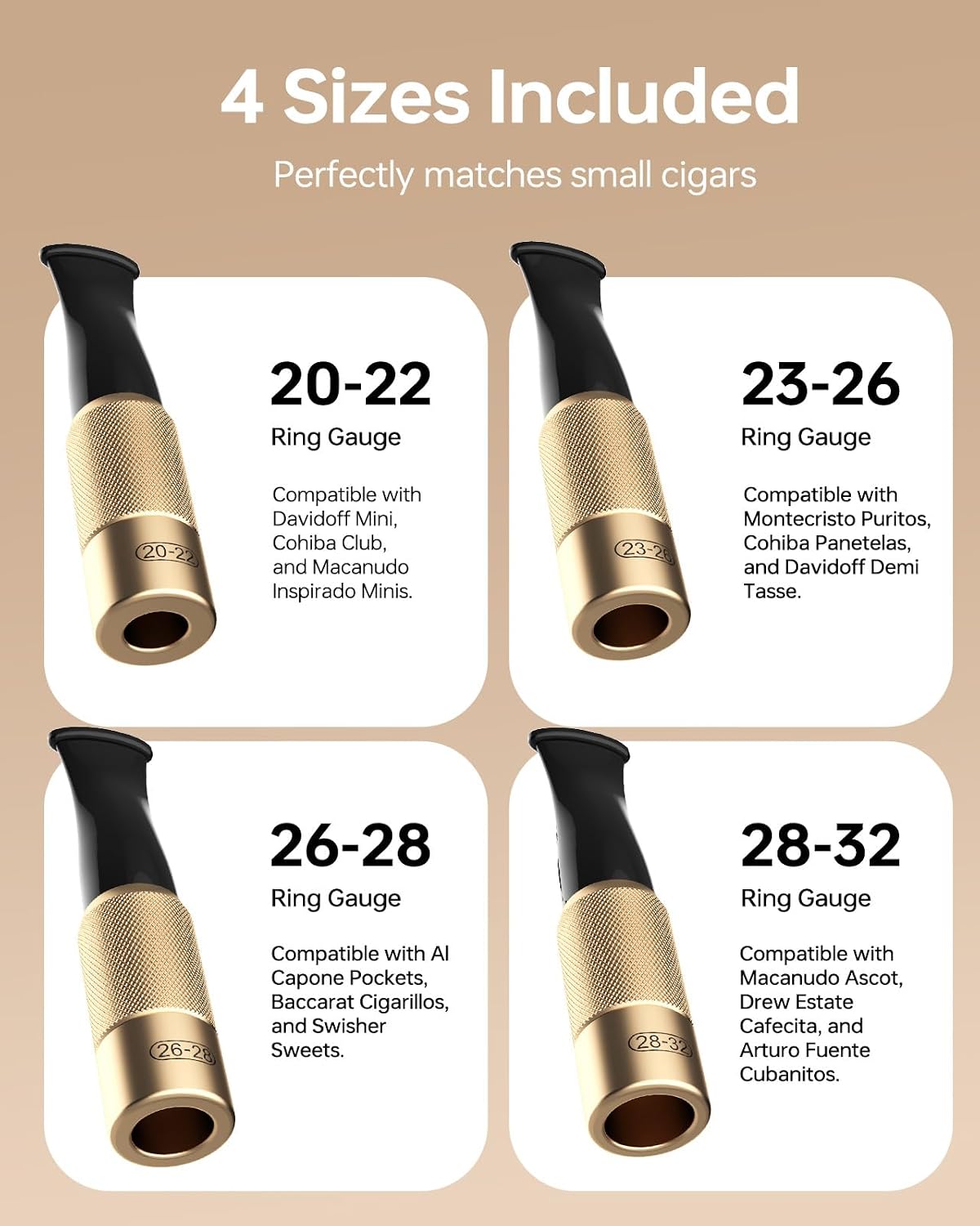 Cigarillo Mouthpiece Set with Beechwood Case, 4-Size Aluminum & Resin Small Cigar Tips for 20-32 Ring Gauge, Portable Cigarette Holder Compatible with Davidoff Mini, Cohiba Club (Gold)