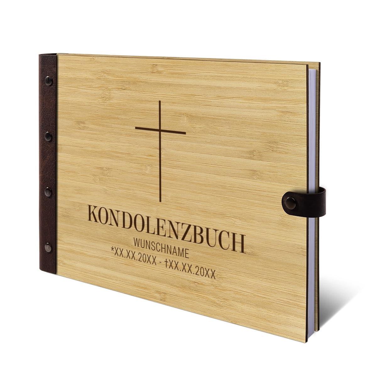 Personalisiertes Kondolenzbuch echtes Holz DIN A4 Gästebuch mit Lasergravur - Kreuz - mit 72 Blatt / 144 Seiten Naturpapier Weiß