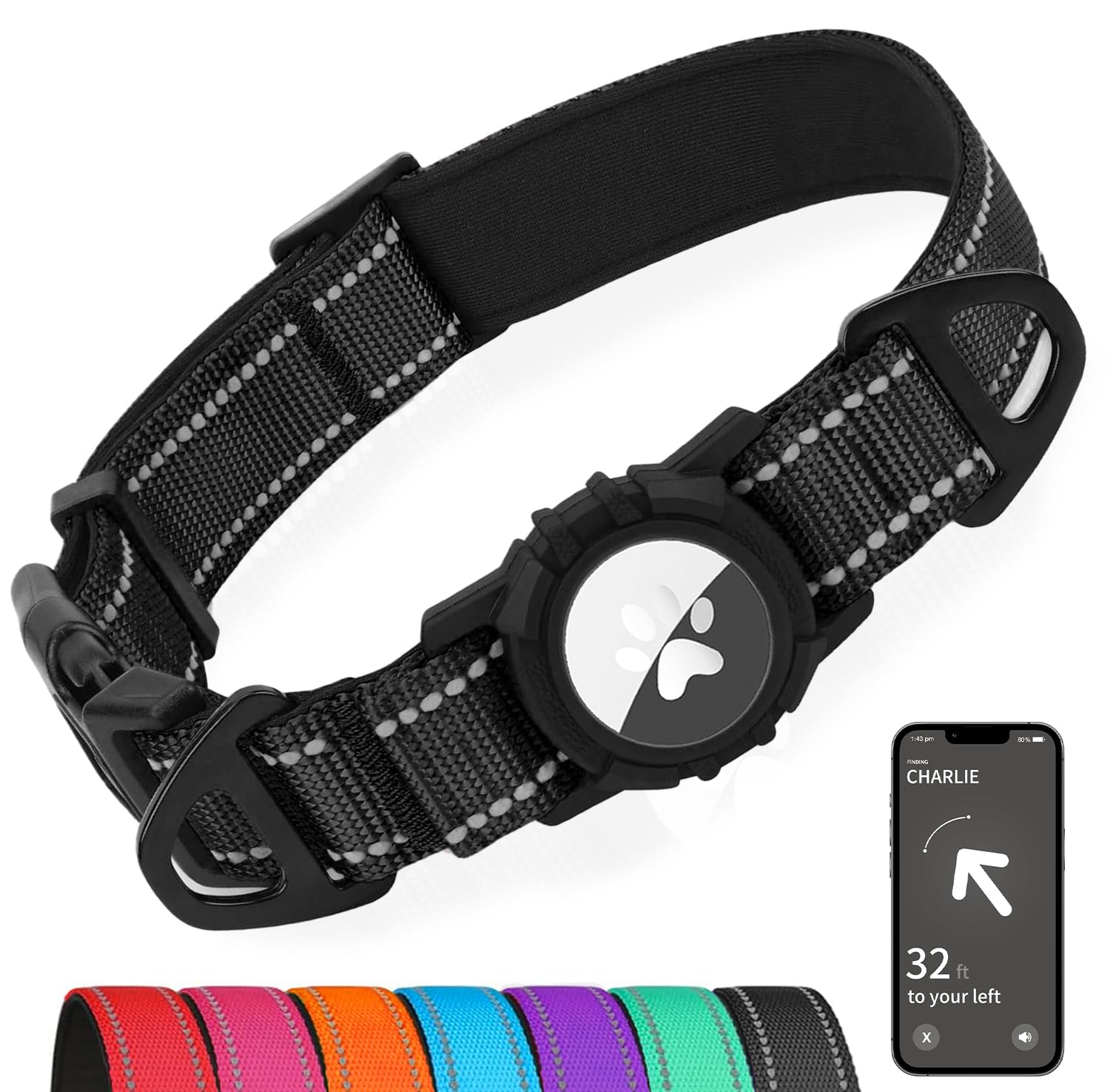 Joytale Airtag Dog Collar, Dual D-Rings, Waterproof Reflective Pet Collar with AirTag Holder, Soft Padded Adjustable for Large Dogs, Black, L