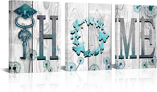 WELMECO Lienzo rústico azul verde azulado para el hogar, diseño de mariposa con flores de diente de león, arte enmarcado para sala de estar,