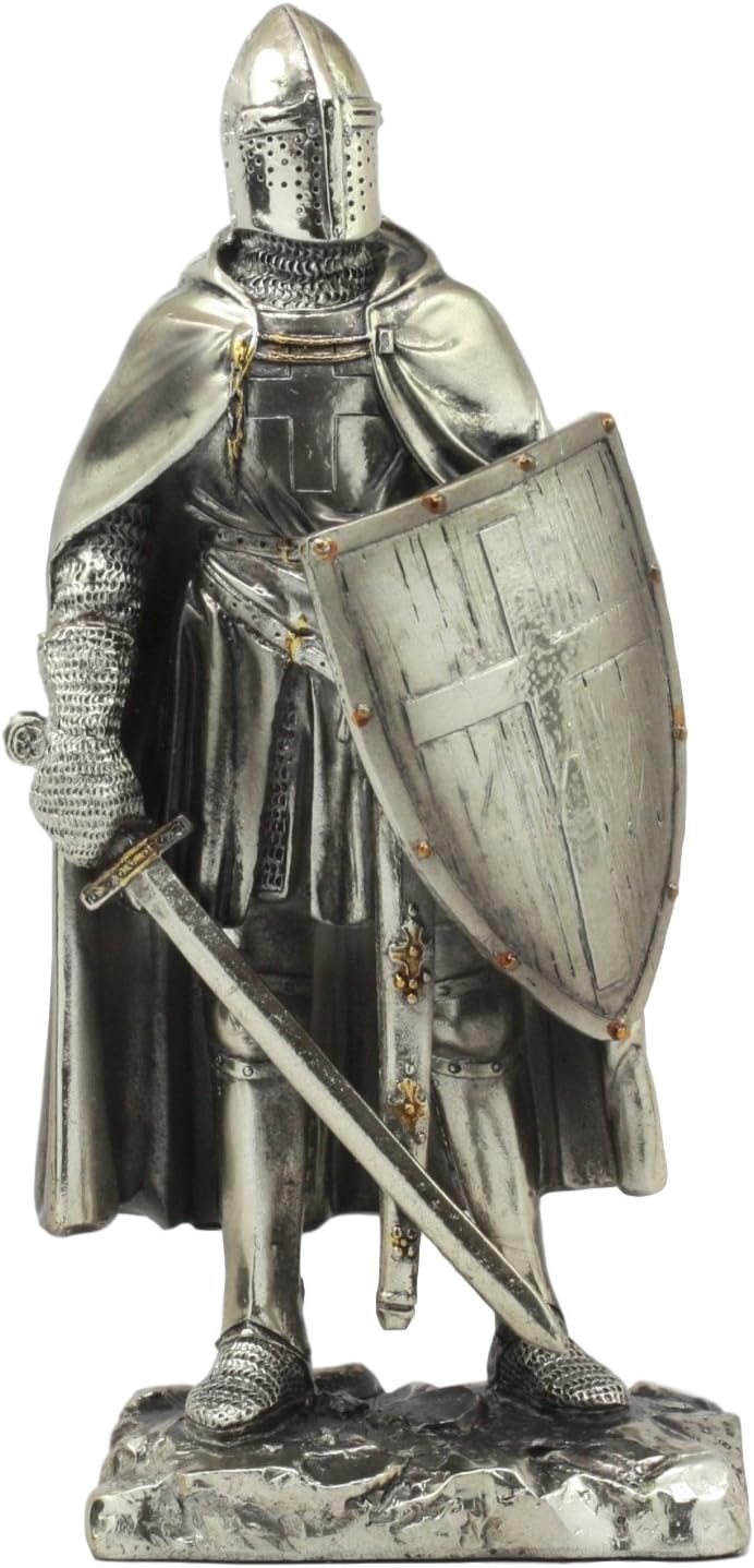 Ebros Holy Roman Empire Caped Crusader Knight with Sword and Shield Statue 7" Tall Suit of Armor Swordsman Standing On Guard Medieval Age of Kings Decorative Sculpture