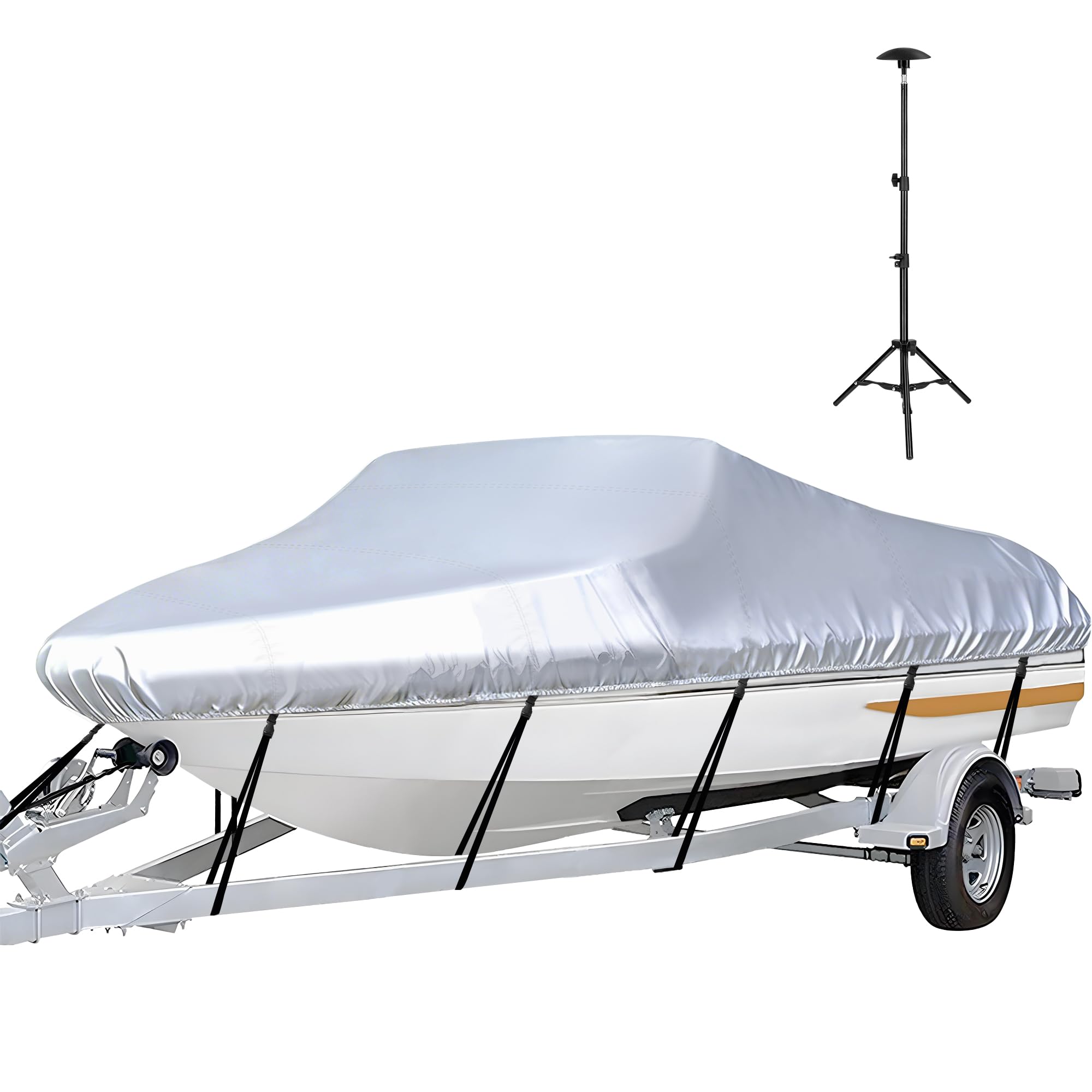 iCOVER Trailerable Boat Cover with Support Pole- 20'-23' Heavy Duty Waterproof Tarp Covers, Fits V-Hull, Fish&amp;Ski, Pro-Style, Fishing, Runabout, Bass Boats, up to 20ft-23ft Long X 100" Wide, Silver