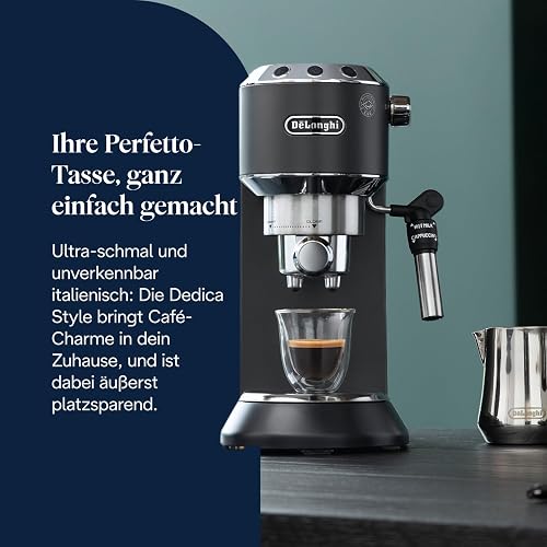 De’Longhi Dedica Style - Perfetto Machine à Expresso Compacte, Mousseur de Lait Manuel pour Expresso et Cappuccino, Compatible Dosettes ESE, Panneau de Commande à Boutons, Largeur 15cm, Noir(EC685.BK) - 2
