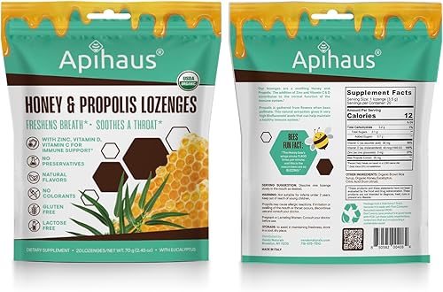 Miniatura 3 de Pastillas de miel y propóleo con eucalipto, refresca el aliento, alivia la garganta, apoyo inmunológico con vitamina C, vitamina D y zinc, 20