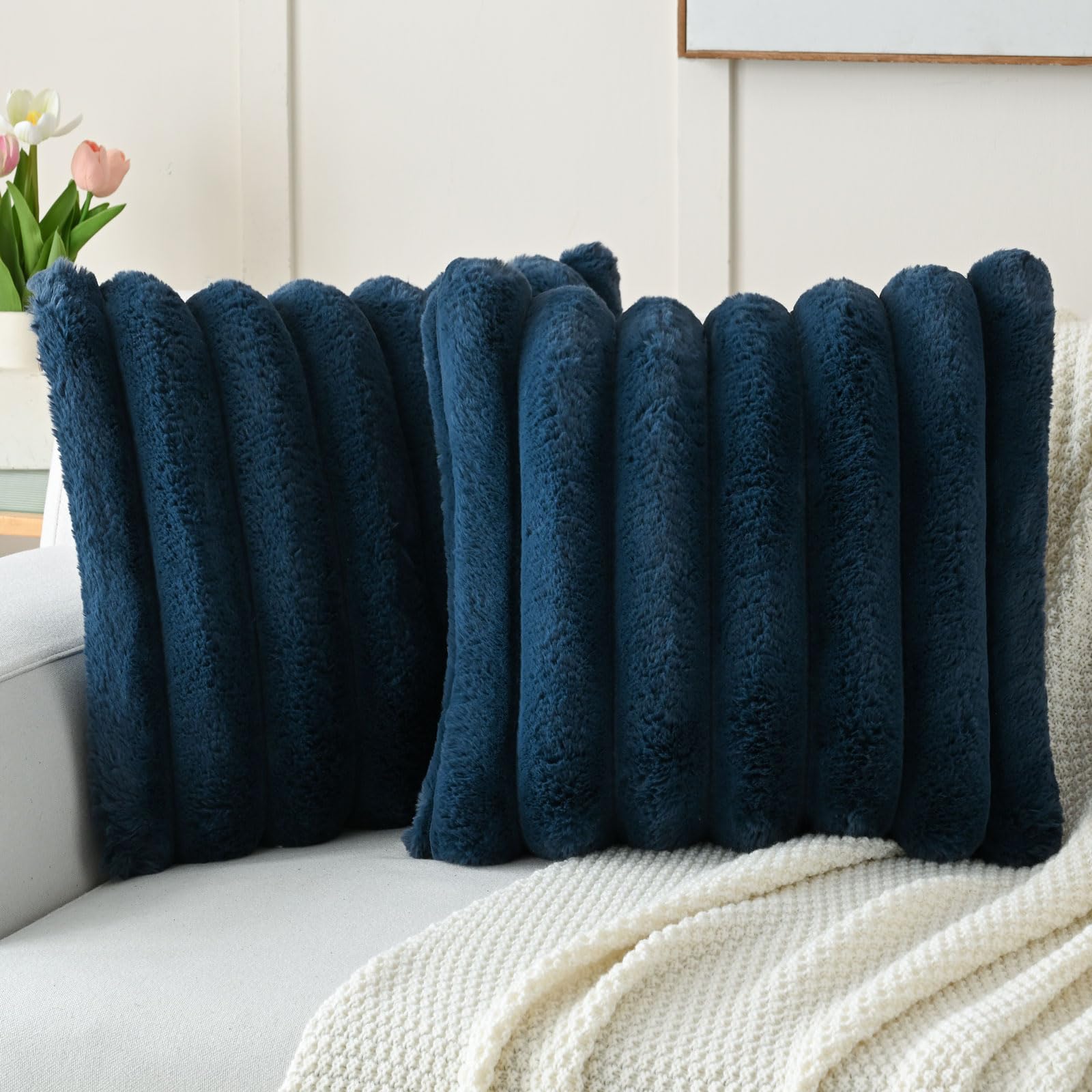 FUTEI Set of 2 Fluffy Faux Rabbit Fur Cushion Covers 65 x 65 cm,Navy Blue
