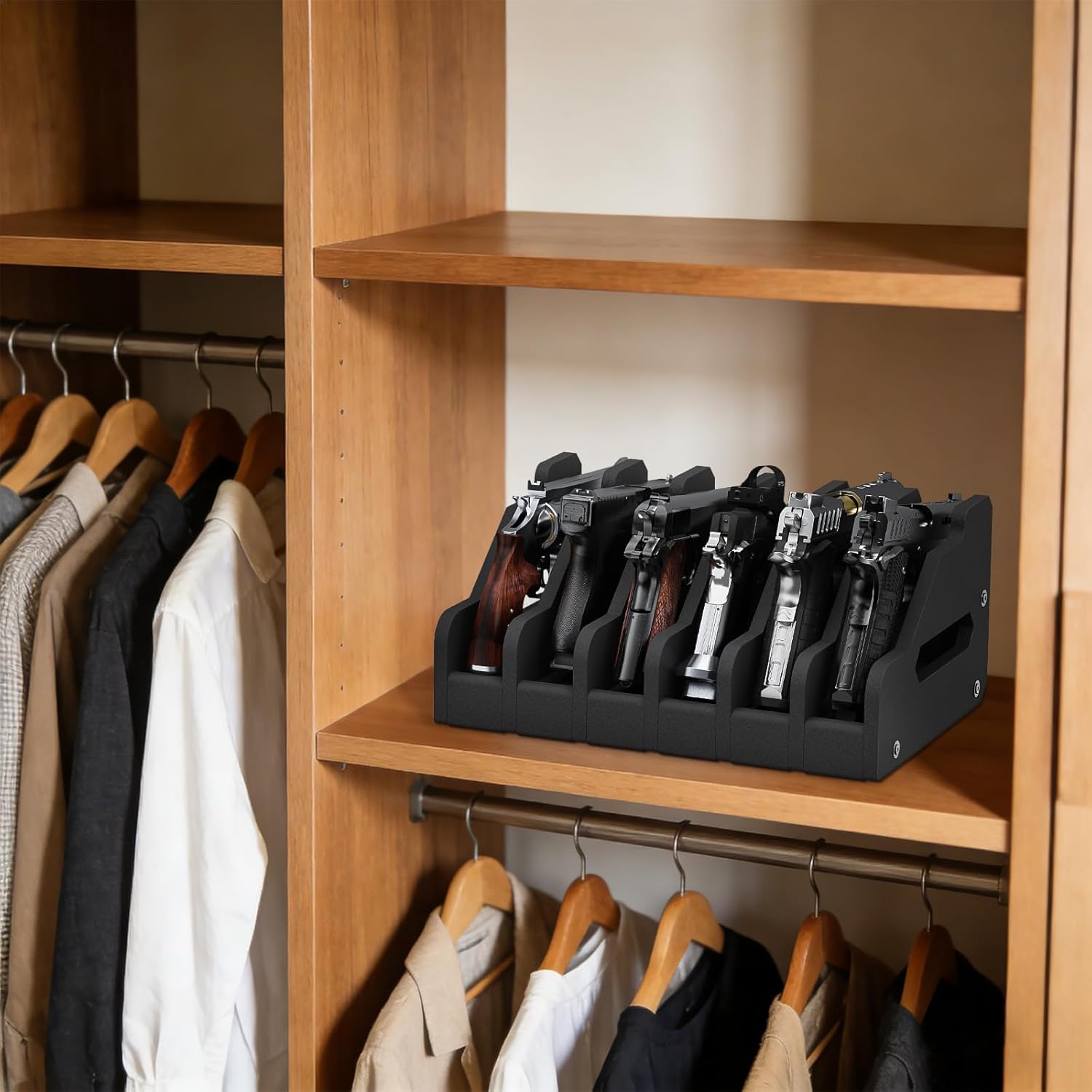 JBBTOOL Foam Pistol Rack for Gun Safe, Gun Cabinet Accessories, 6 Slots Soft Foam Handgun Storage Organizer, Anti-Slip Revolver Firearm Stand Display Holder