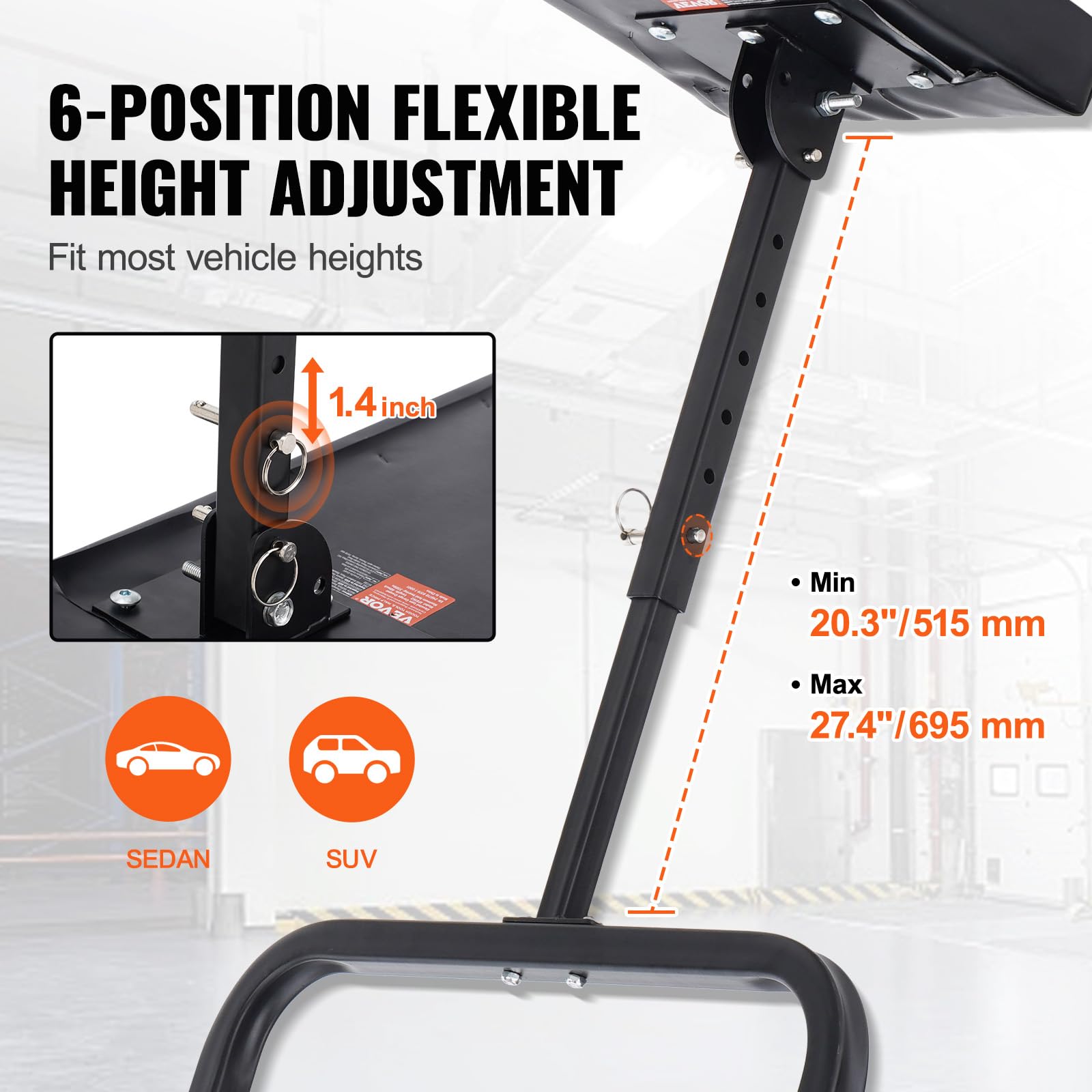 VEVOR Carrello Sotto il Cruscotto, 1016 mm, Capacità 149,7 kg Carrello Garage Meccanico con Ruote, Altezza Regolabile da 515-695 mm, Appoggiato in Posizione Verticale, Supporto Pieghevole Facile