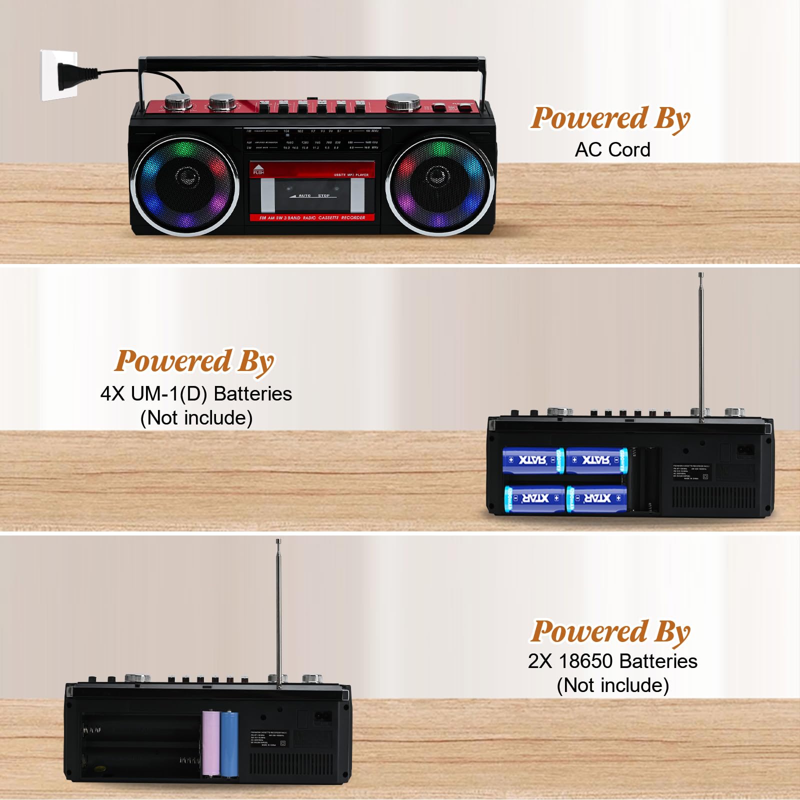 Tragbare Kassettenspieler Boombox AM/FM/SW Radio Stereo, CasetteTape Player Recorder, MP3 Bluetooth USB RGB Lichter TF Karte (Rot)