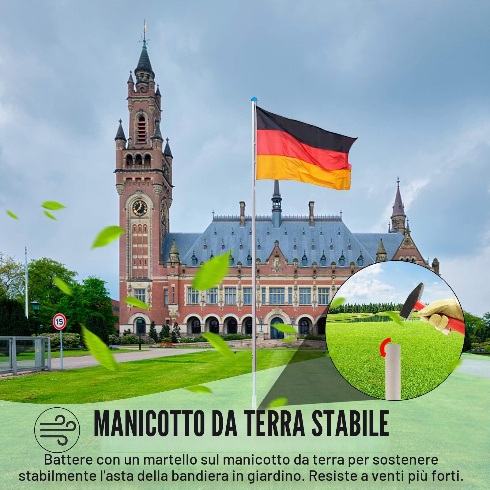 UISEBRT Asta per bandiera in alluminio da 6,5 m, con manicotto stabile da 50 cm e bandiera della Germania