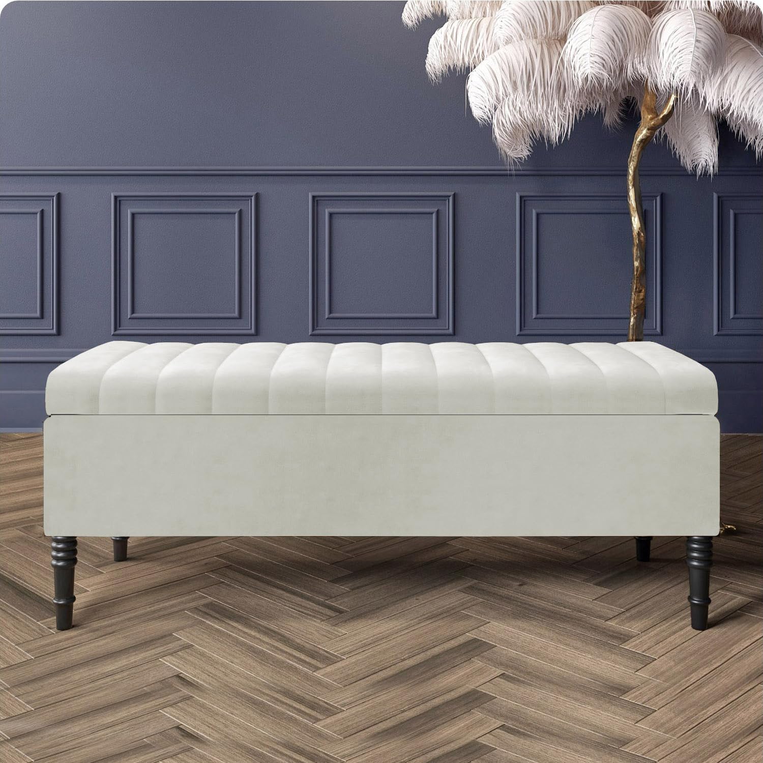 Paris Velvet Ottoman Storage Bench with Legs, End of Bed Blanket Box with Extra Deep Hidden Storage & Hinged Lid, Upholstered Ottoman Storage Box, Shoe Storage Ottoman, Padded Entryway Seat