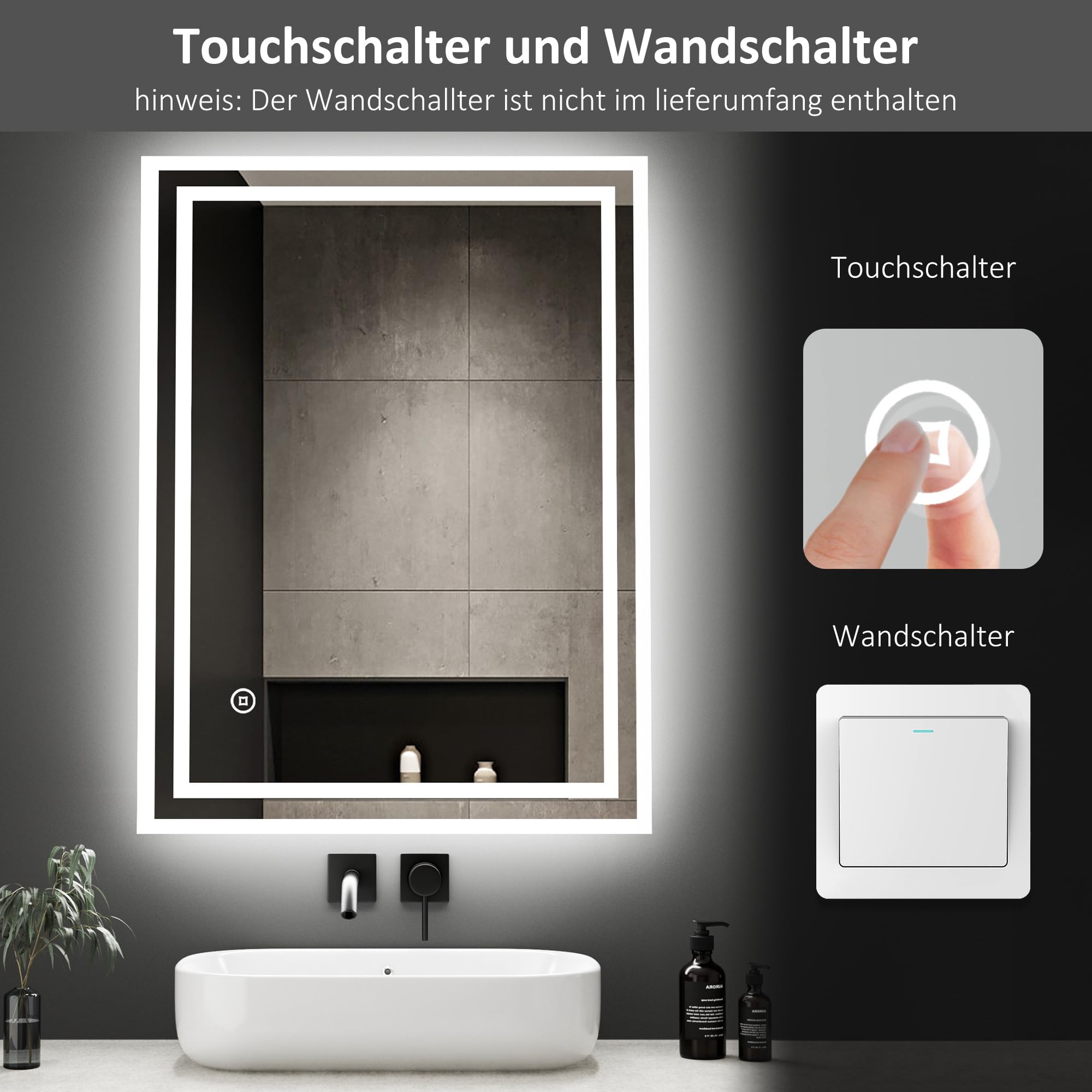 Borama LED Badspiegel 80x60cm mit Touchschalter, 3 Lichtfarben dimmbar, beleuchteter Wandspiegel
