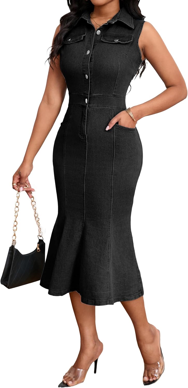 SeNight Women's Denim Dress Sexy V Neck Bodycon Mini Dresses - Image 4