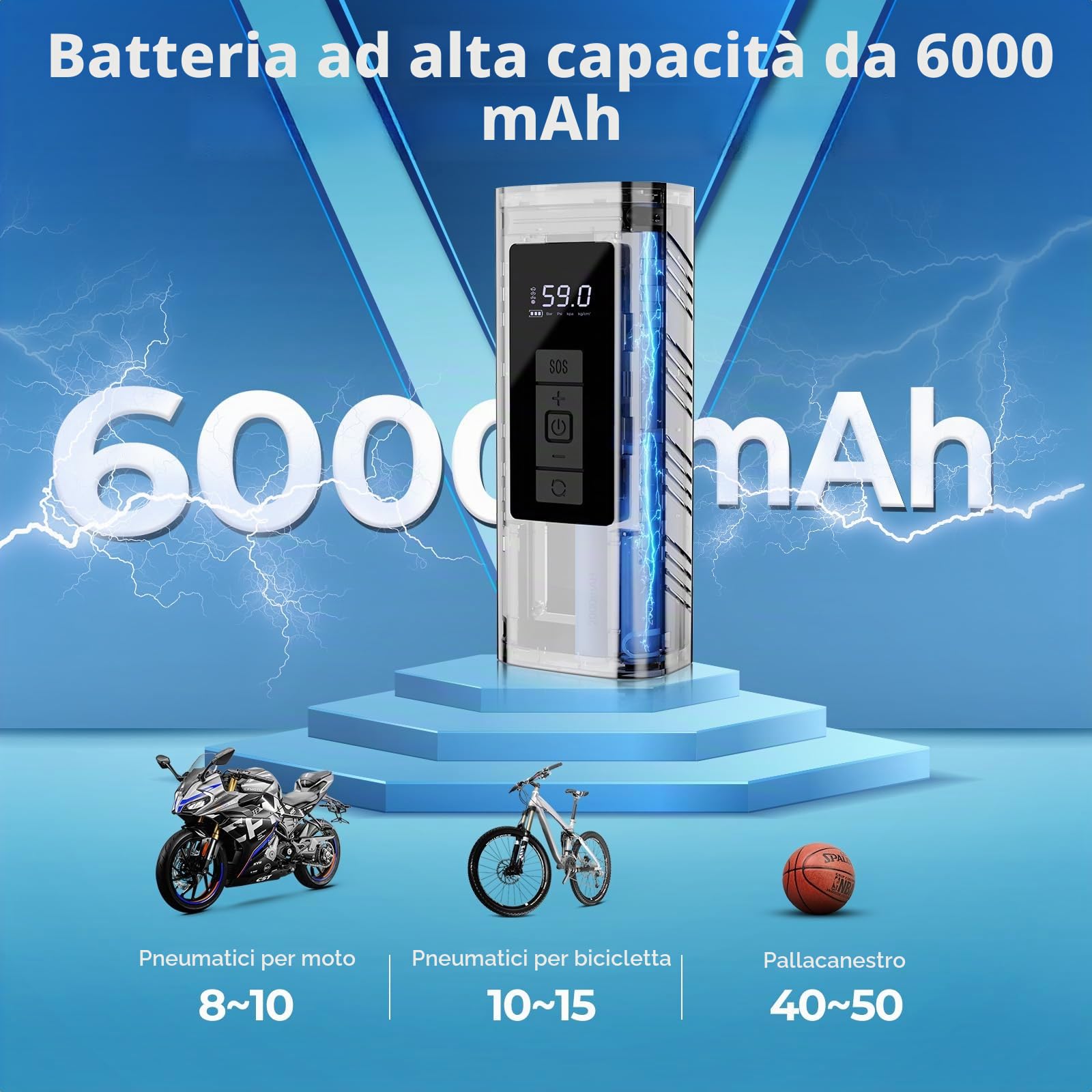 YOUNGDO Pompa per bicicletta, 150 PSI, pompa per bicicletta elettrica 6000 mAh, pompa ad aria elettrica, compressore, pompa per bicicletta, tutte le valvole per bicicletta, moto, palle