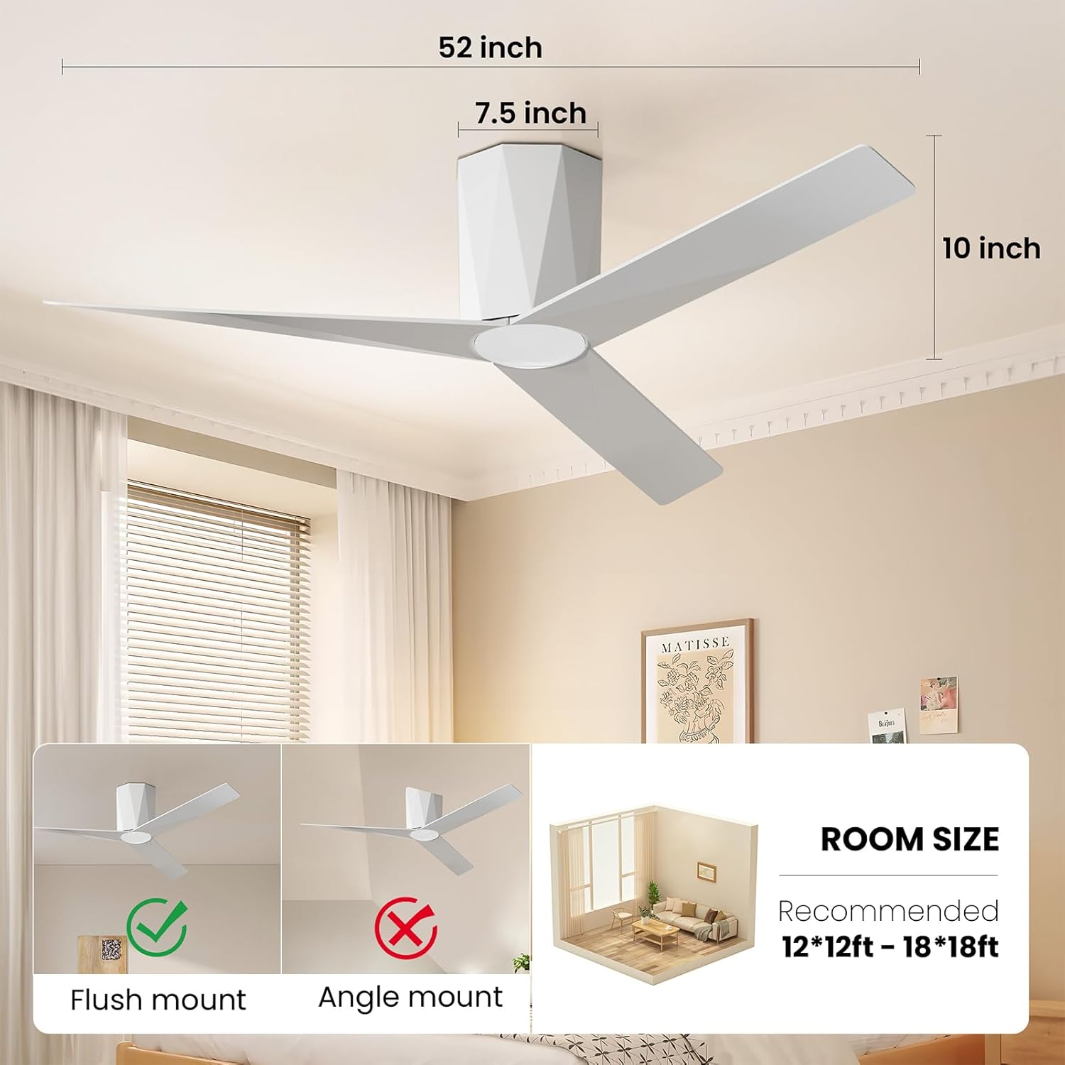 Roomratv 52 Inch Ceiling Fans with Dimmable Led Lights, Flush Mount Ceiling Fan with Remote Control, Quiet DC Reversible Motor for Summer Winter, Noiseless, Modern White ABS Blades for Bedroom, Indoor