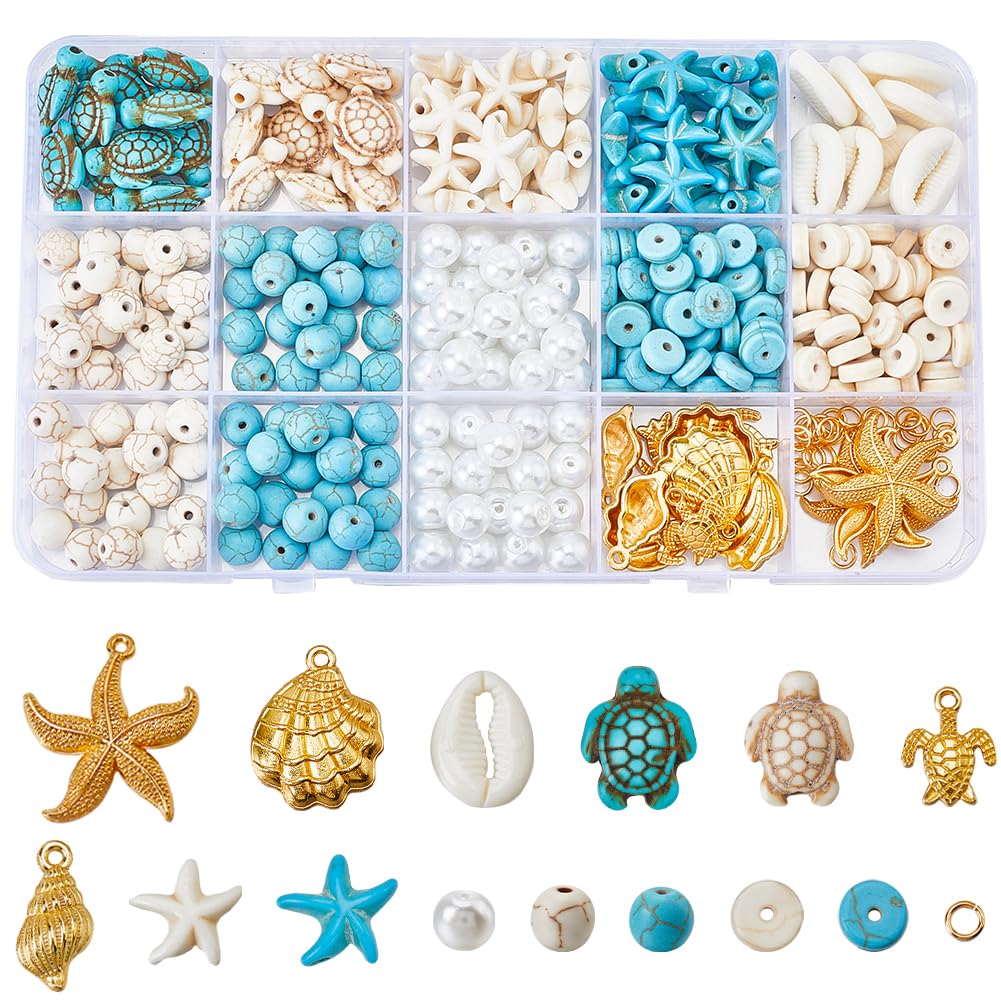Perles turquoise porte-bonheur et breloques étoiles de mer pour fabrication bijoux artisanaux