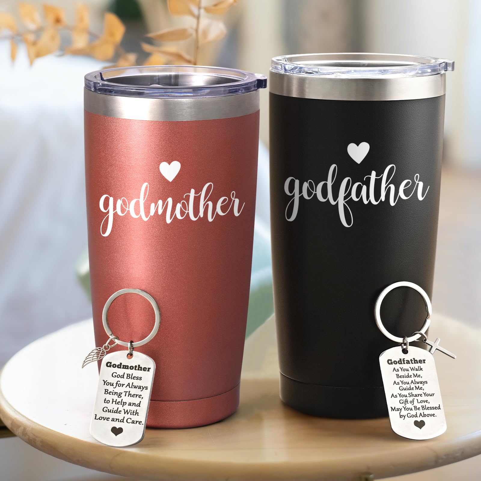 LiqCool Godparents Proposal Gift, Godmother & Godfather 20Oz Tumbler with Keychain & Gift Box Set, Baptism & Christmas(Black & Rose Gold)