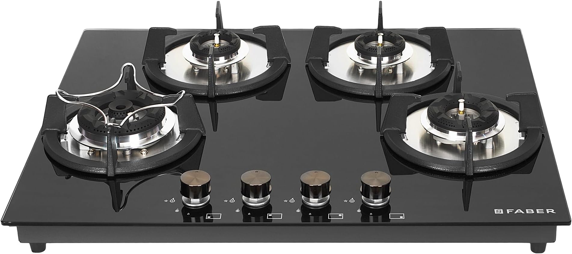 Faber Hob 4 Burner | Auto-Ignition | Spillage Proof | HOB SUPERIA HT654 BR AI | Concealed Chamber | Metal Knobs | Pan Support | Black Glass Finish |5 Yr Warranty on Burner & Glass | 1 Yr comprehensive