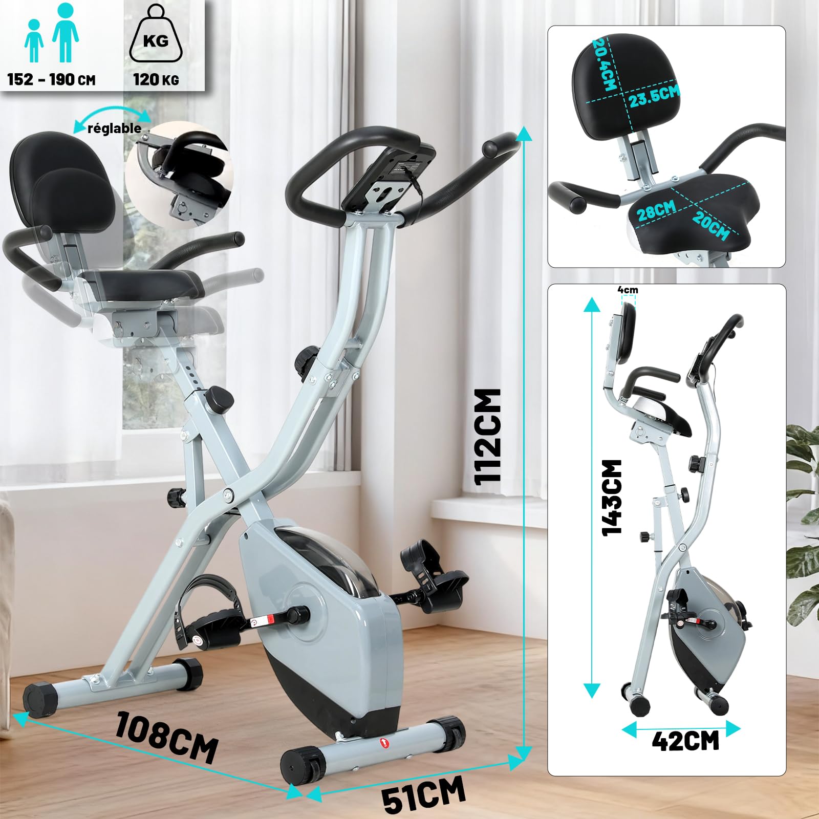 ISE 2-IN-1 Vélo d'Appartement Pliable, Cardio Training 8 Niveaux Résistance Magnétique, Bluetooth