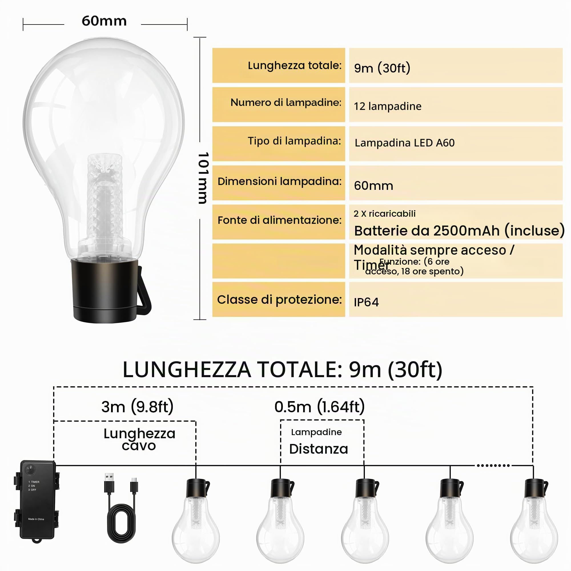 Catena Luminosa Esterni con Timer, 9M/30FT Luci da Batteria con 12 A60 LEDs USB Ricaricabile 5000mAh Luci Natalizie per Decorazione Esterna Scale Giardini Gazebo Matrimoni