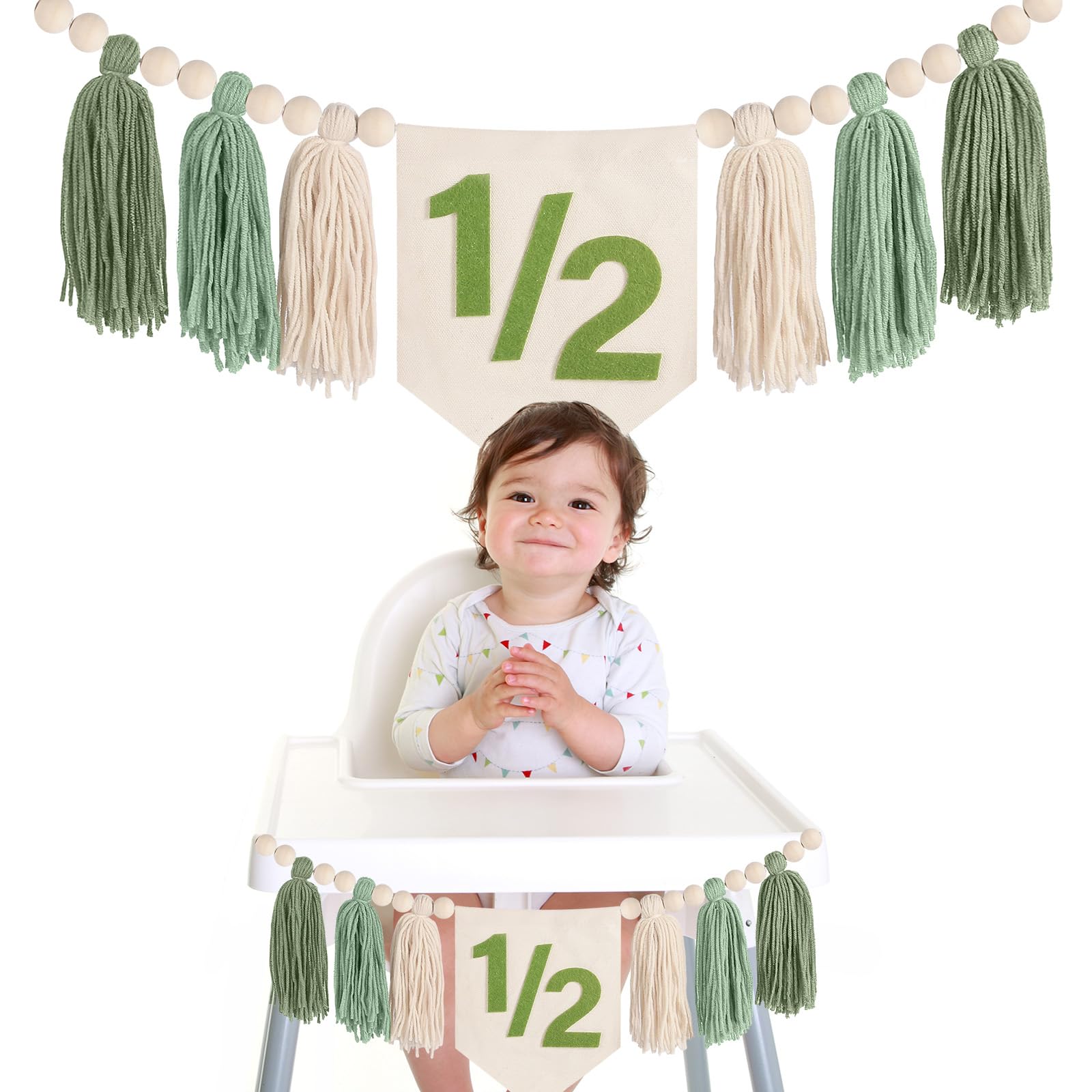 1/2 Birthday Decorations for Girls Boys - Dokuna Half Way to One Decorations, 6 Month 1/2 Birthday Tassel High Chair Banner (Green)