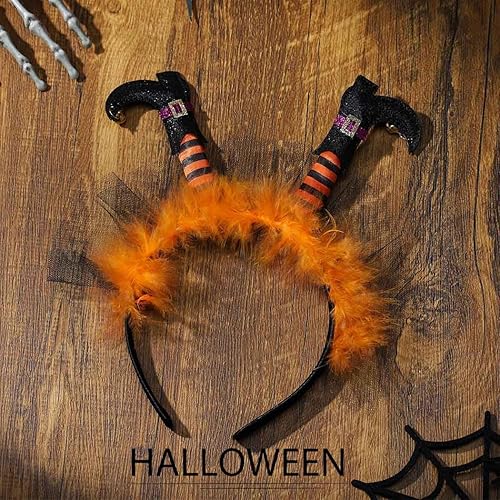 Miniatura 4 de Diadema de Halloween con pierna de bruja, banda para el pelo de encaje peludo, divertido disfraz para fiesta de Halloween, cosplay (naranja)