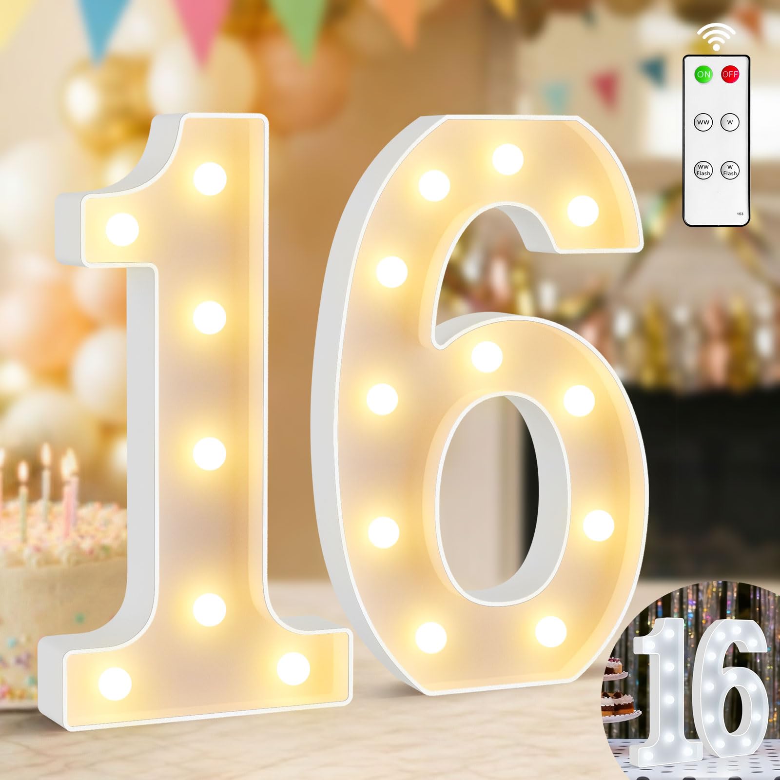 12.6 Inch Light Up Numbers, Warm White and Cool White Lighted Marquee Number with Remote, 16th Birthday Decoration for Girls Boys, Marquee Numbers 16 Sign for Party Backdrop Wedding Anniversary Decor