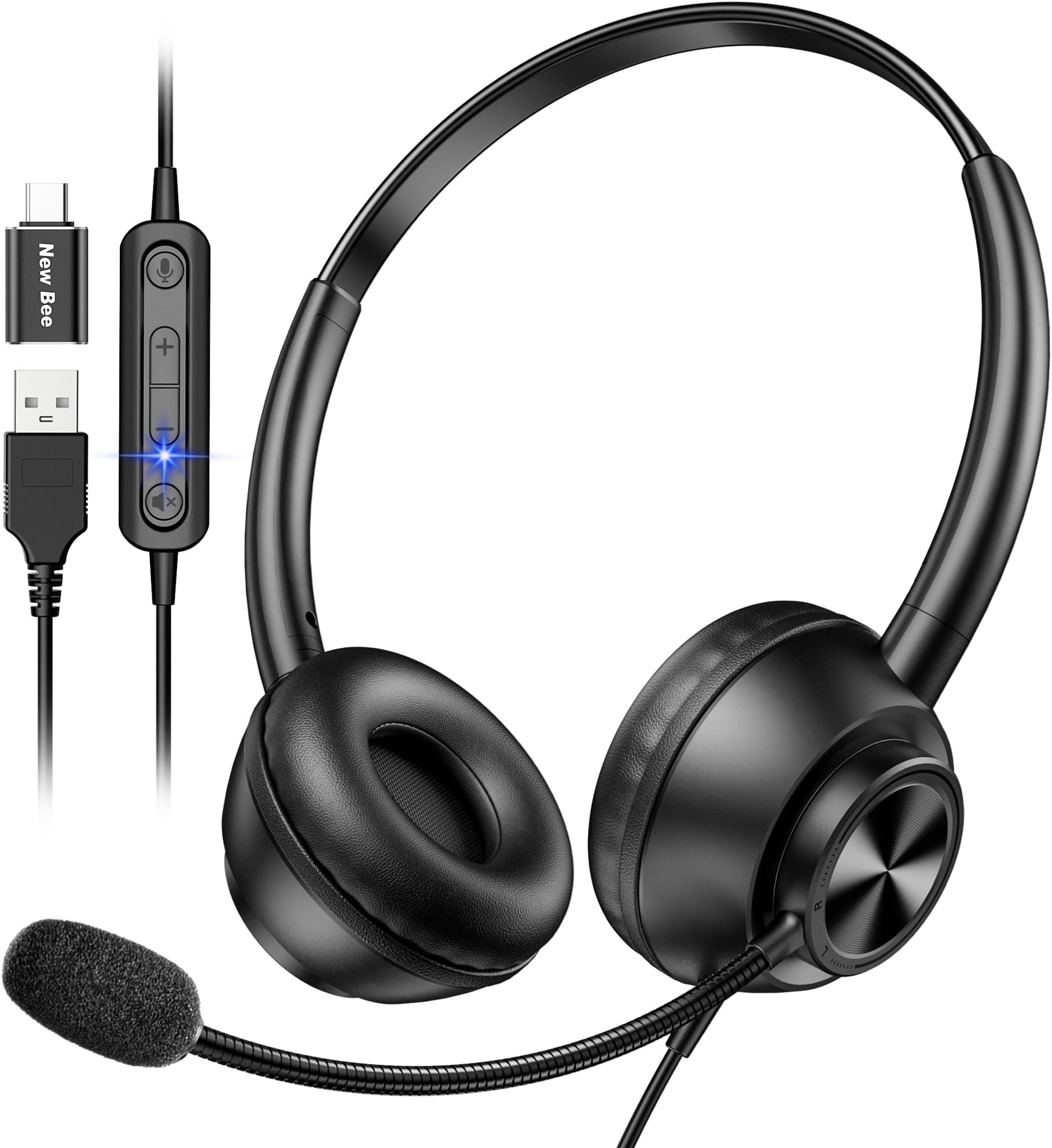 USB Headset with Microphone for PC, Computer Headset with Mic, Wired Headset with USB-A & Type-C, Mute, In-Line Controls Call Center Headphone for Work PC Laptop Office Phone Meeting Zoom Skype