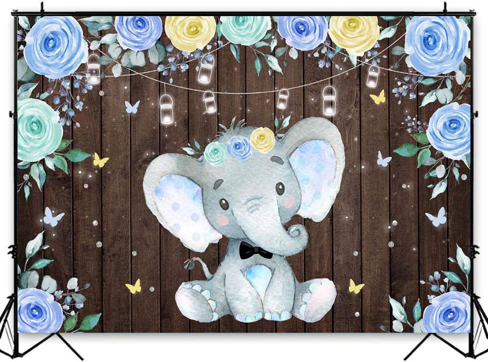 Avezano Elephant Birthday Backdrop 7x5ft Floral Baby Shower Party Background Rustic Wood Shiny Lights Decoration Boy Birthday Elephant Theme Party Banner