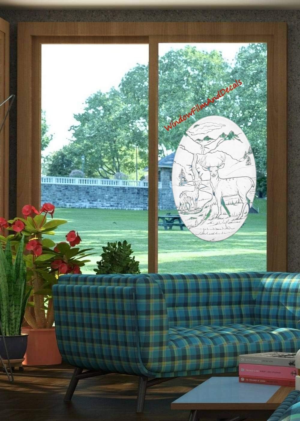 Deer Scene Oval Etched Window Decal Vinyl Glass Cling - 21" x 33" - White with Clear Design Elements