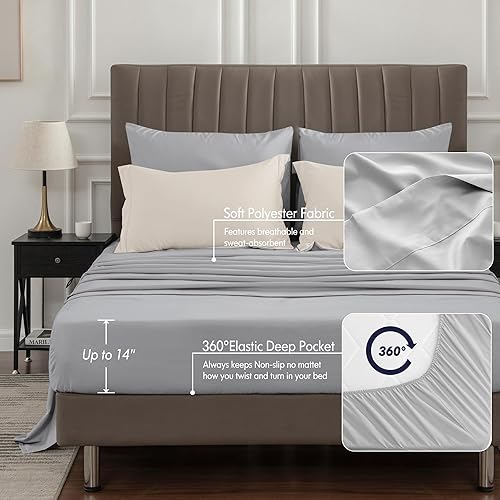 Miniatura 5 de BEDELITE Juego de edredón matrimonial de 7 piezas en una bolsa, juego de cama reversible de microfibra suave color beige con edredones, sábanas,