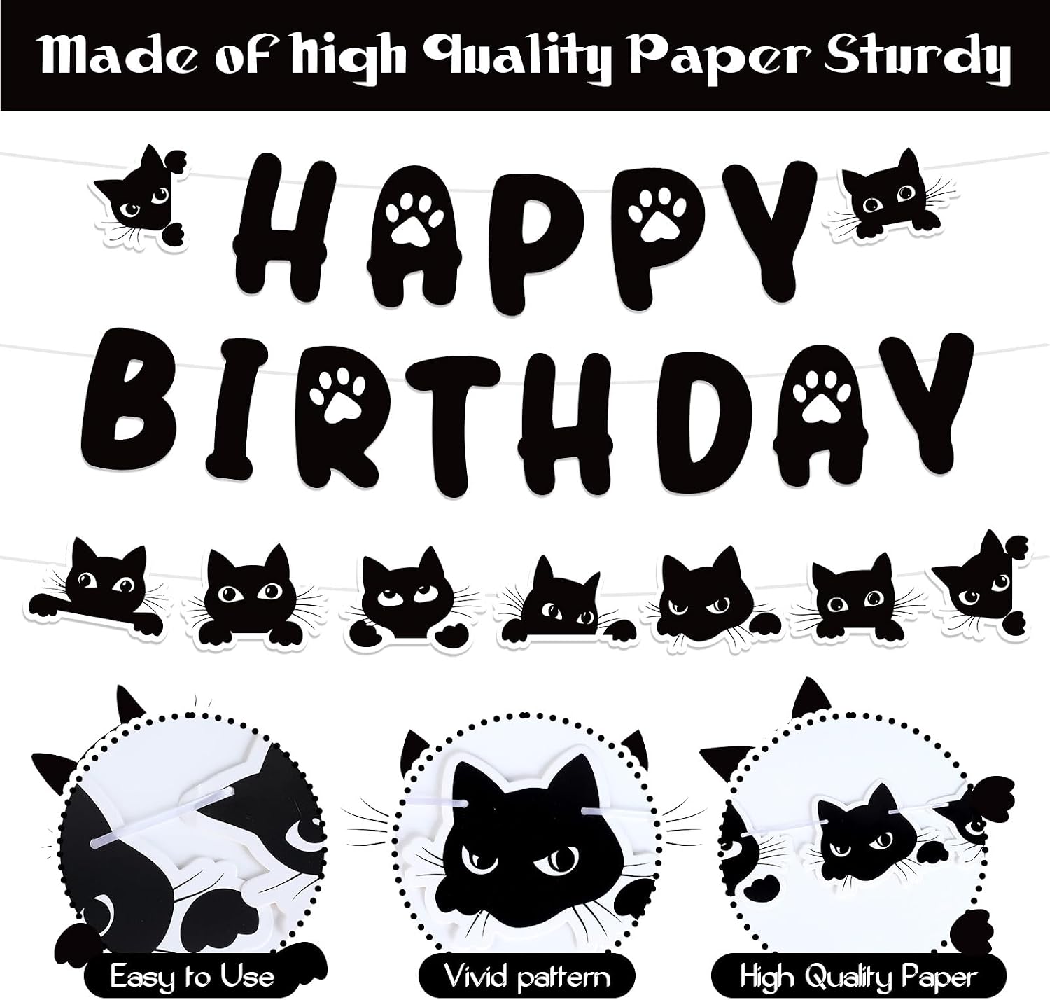Funny Cat Birthday Party Decoration Black Cat Birthday Banner with 7pcs Meow Kitty Hanging Swirls Beach Garland Banner for Boys Girls Baby Shower Party Decoration Supplies (Black)