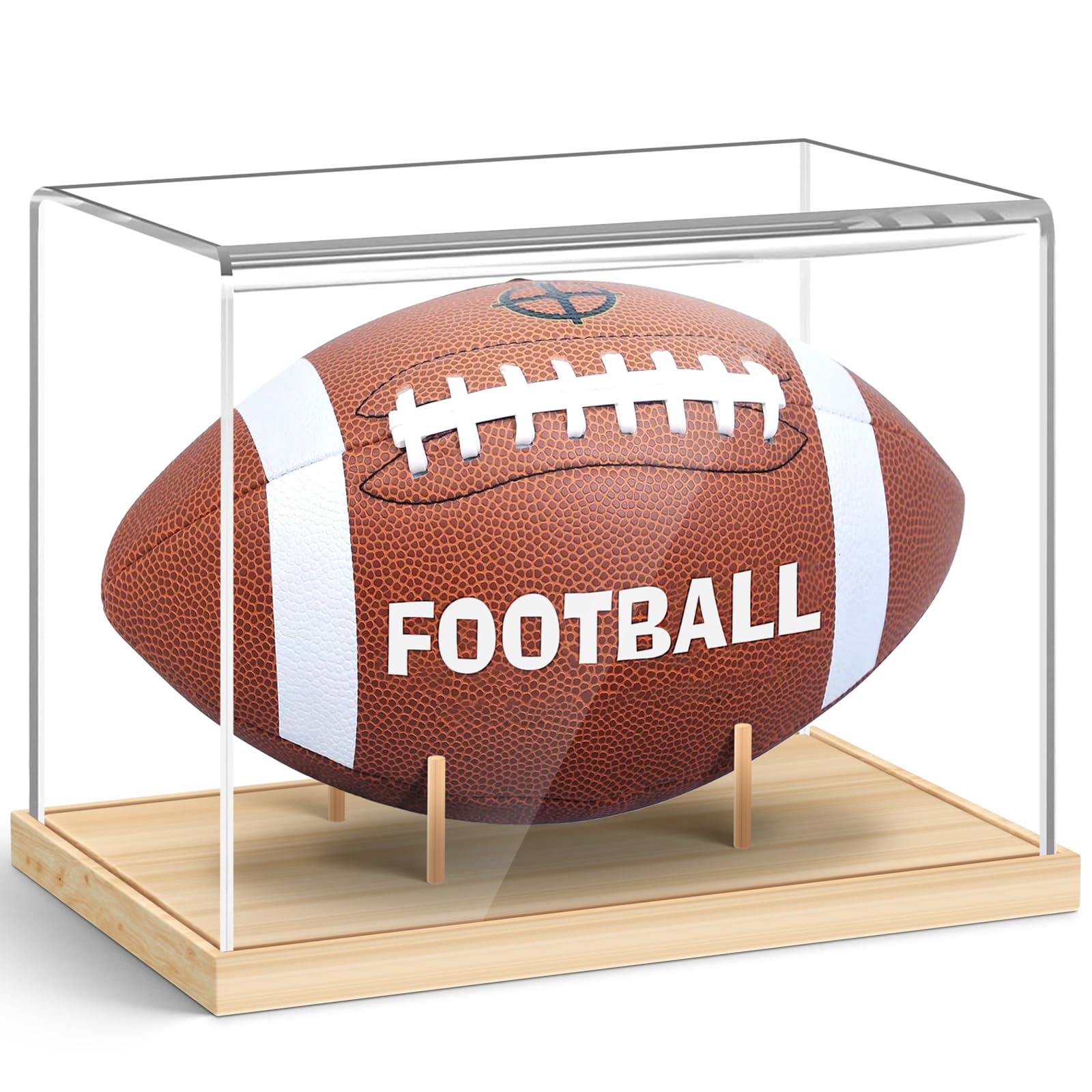 Football Display Case, Acrylic Football Case Display Case with Wood Stand Solid Wood Base, UV Protected Memorabilia Display Cases Football Display Stand for Autographed Football (No Assembly Required)
