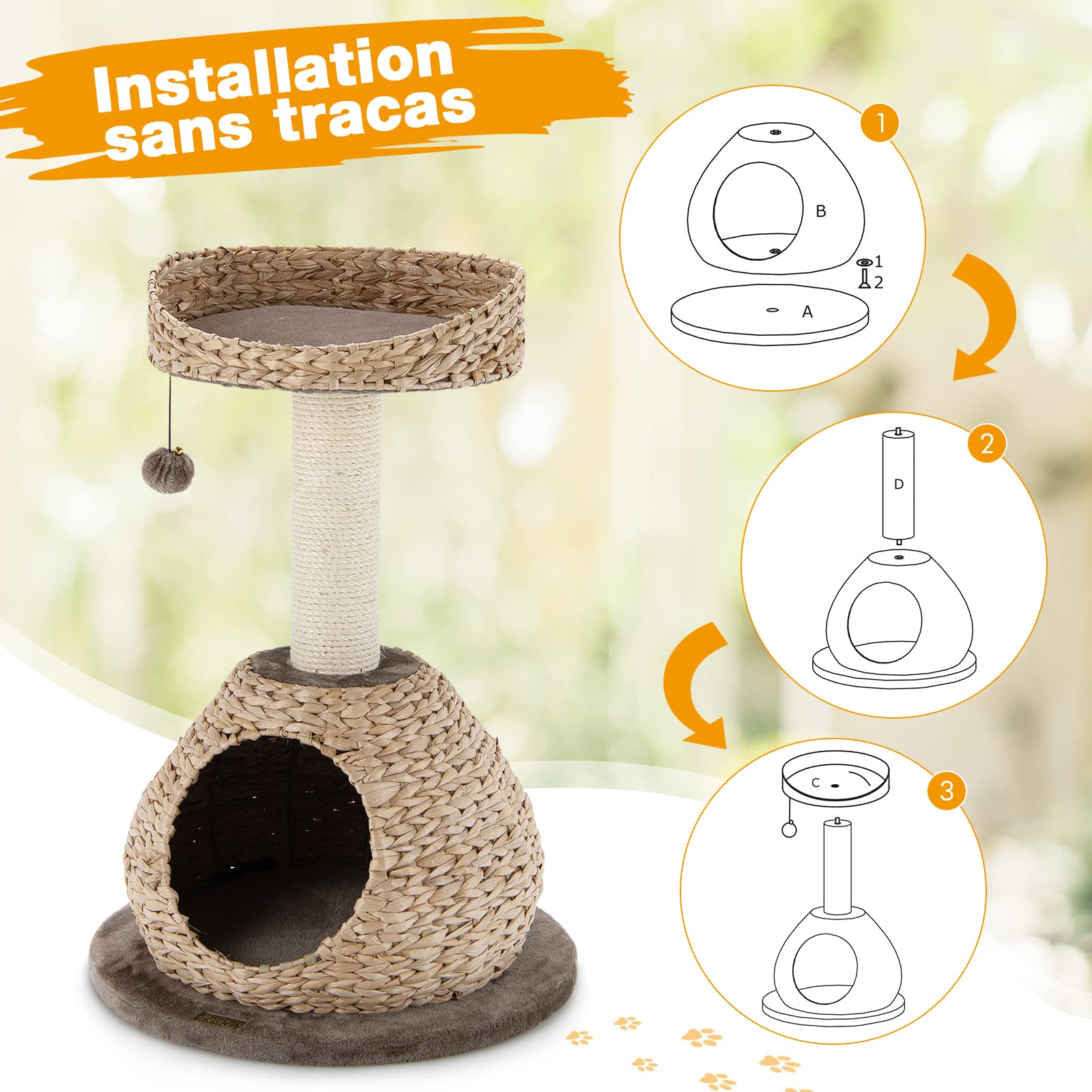 GOPLUS Arbre à Chat 72 CM en Tige de Massette, 2 Niveaux, avec Plateforme, Niche, Poteaux en Sisal, Coussin Souple, Boule pour Chats et Chatons, Marron et Beige