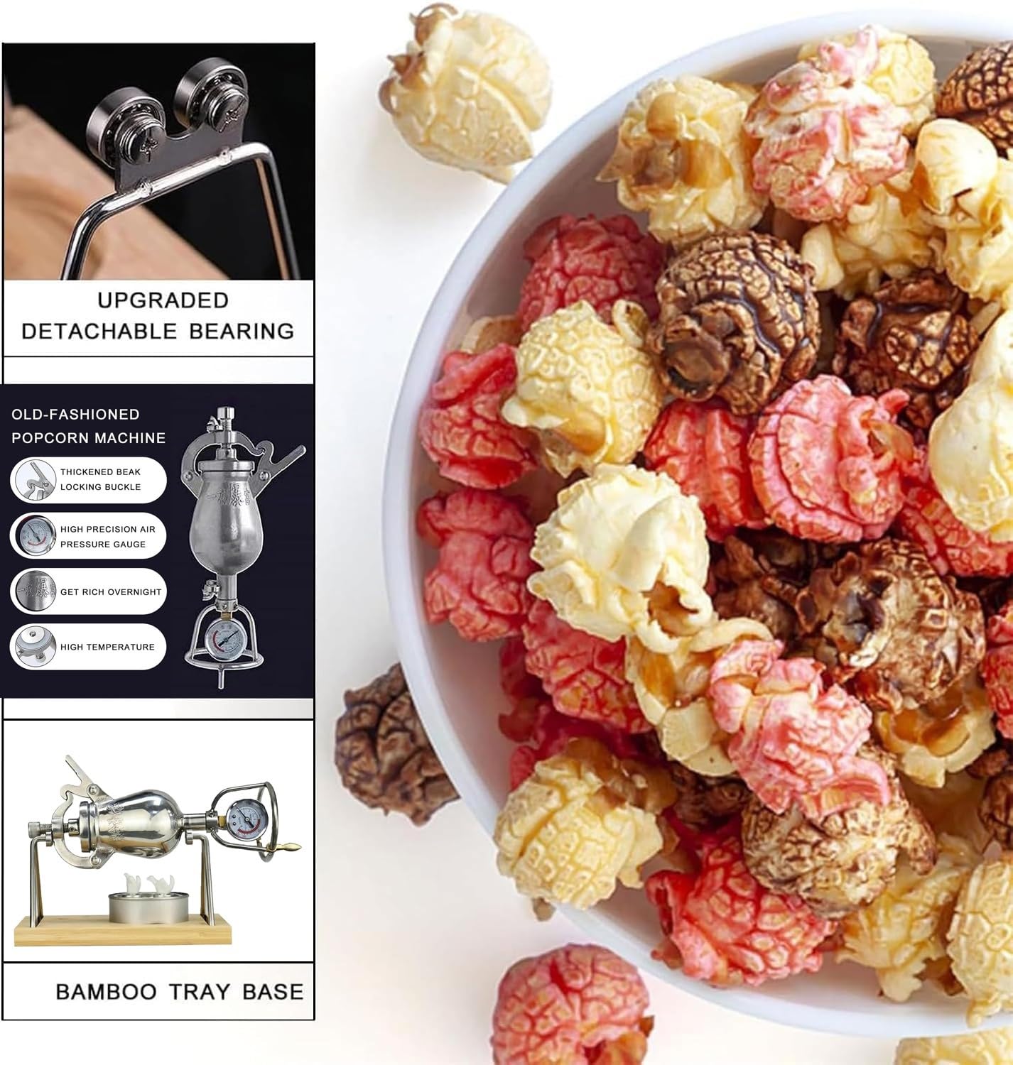 Macchina Popcorn A Manovella con Manometro, Acciaio Inossidabile 304 e Supporto Sospeso, Goditi Popcorn Sani Deliziosi Fatti Casa con La Famiglia E Gli Amici A Casa O All'Aperto(260ml)