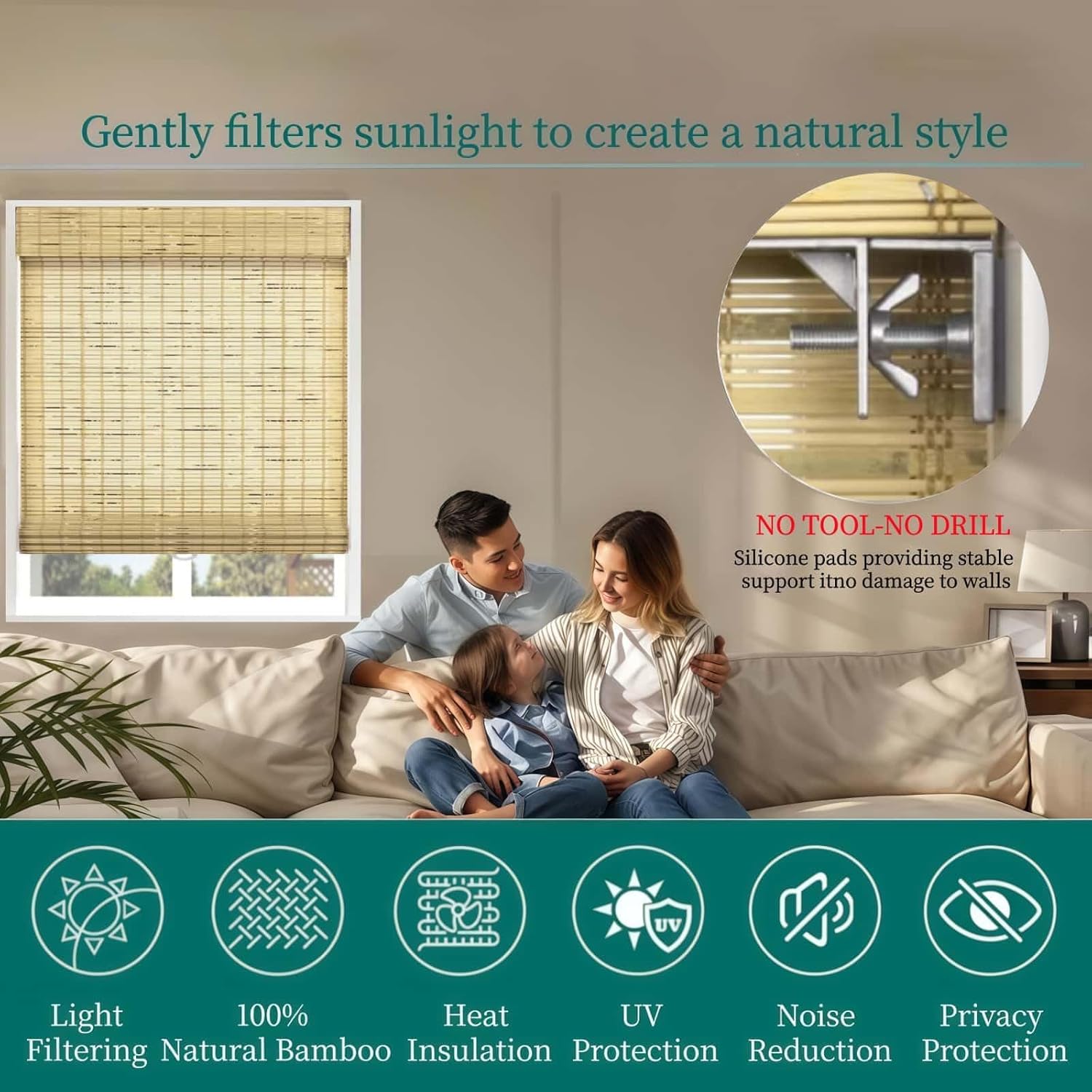 No Tools No Drill Cordless Bamboo Roman Shade Blind Woven with Valance Wood Roman Shades Light Filtering Natural Bamboo Shades.Rustique Style.for Windows Door.50 W x (20" H to 120" H Customize)