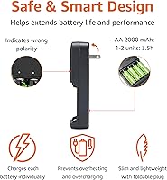 Vista 3 de Yaxa Basics Cargador de batería de 4 bahías para baterías recargables AA y AAA con baterías AA NiMh precargadas, funcionamiento LED, enchufe tipo