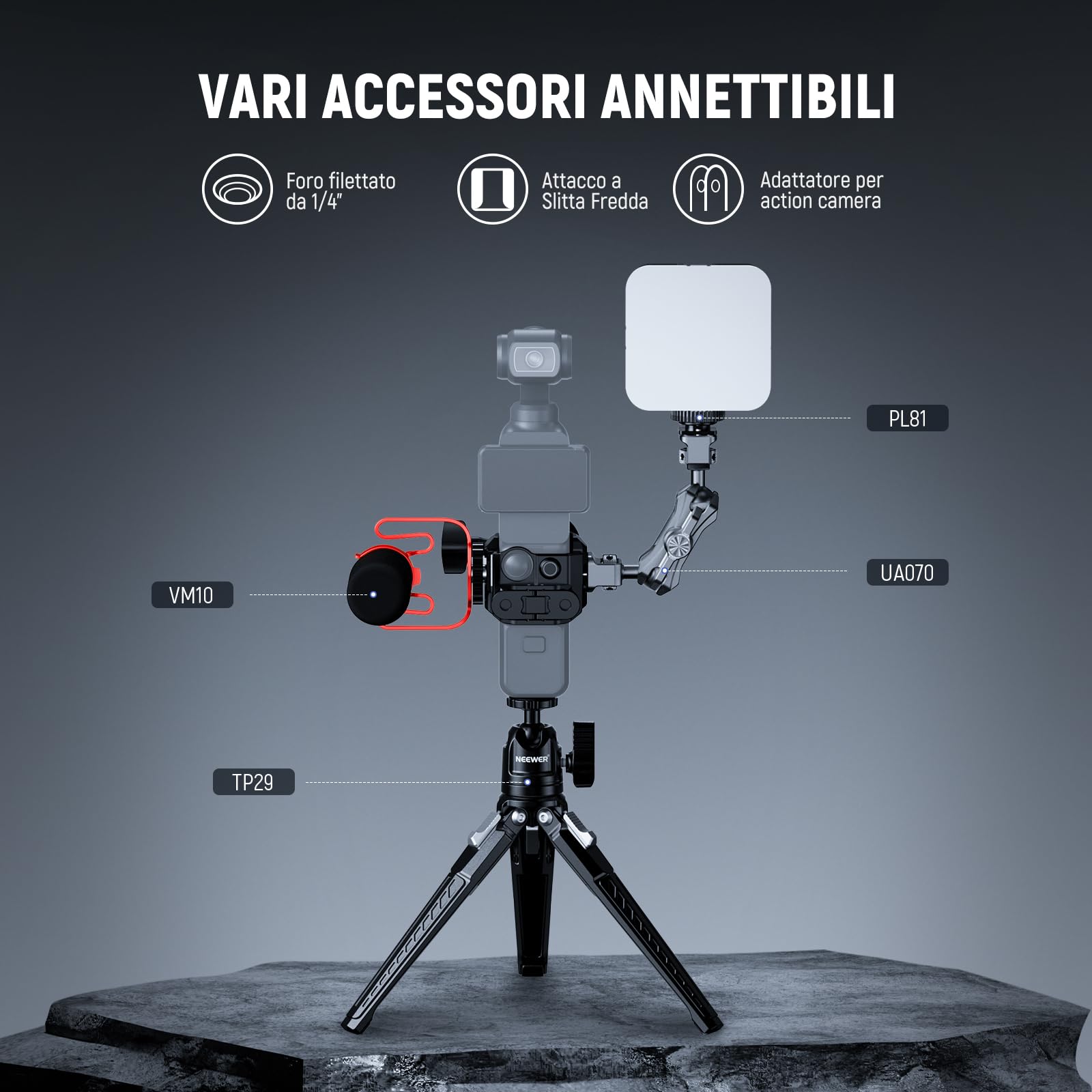 NEEWER Pocket 3 Cage Compatibile con DJI Osmo Pocket 3 e Creator Combo Accessori, Rig di Estensione per Riprese Video Gimbal con Adattatore Action Cam, Filettatura 1/4", ColdShoe, Panno Pulizia, AC009