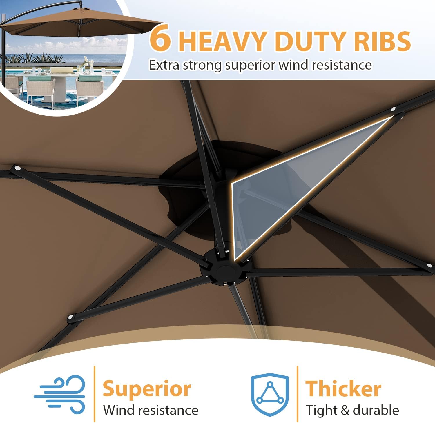 Greesum 10FT Offset Patio Umbrella with 6 Ribs, Outdoor Market Hanging Umbrella with Crank and Easy Tilt, for Garden, Lawn, Backyard & Pool, Without Base, Brown