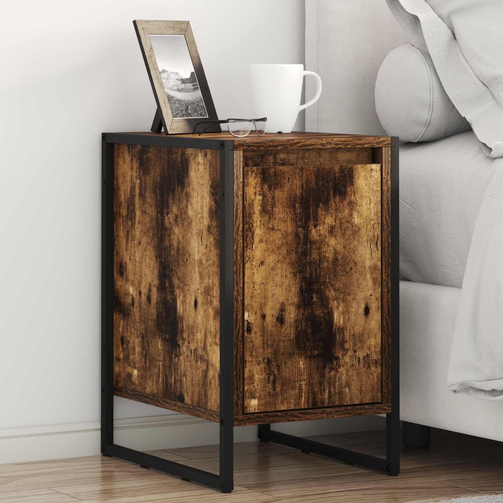 Table de chevet en bois fumé lot de 2 avec tiroir et pieds en métal 39,5x30x50 cm