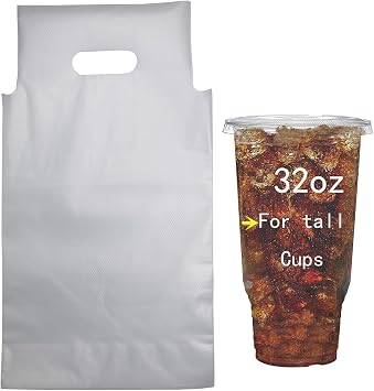 Drink Carrier for Delivery 32oz, 100PCS Clear Plastic Bags with Handle for Drink Cups/Coffee Cups/Tea/Juice Delivery Takeout Apply to Coffee Shop/Restaurant/BarFor 32oz tall Cup