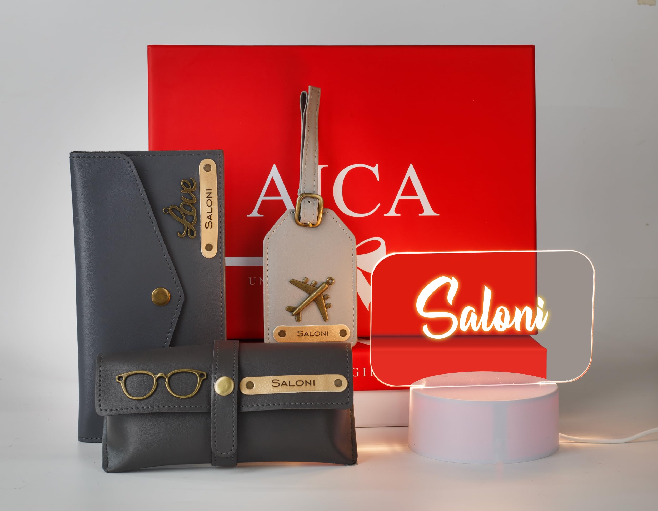 AICA Plastic Personalized Name Womens Combo Led Lamp Giftset 4Pcs (Grey) |Customized Birthday Anniversary Wedding Gift For Woman Girls Her-image-40