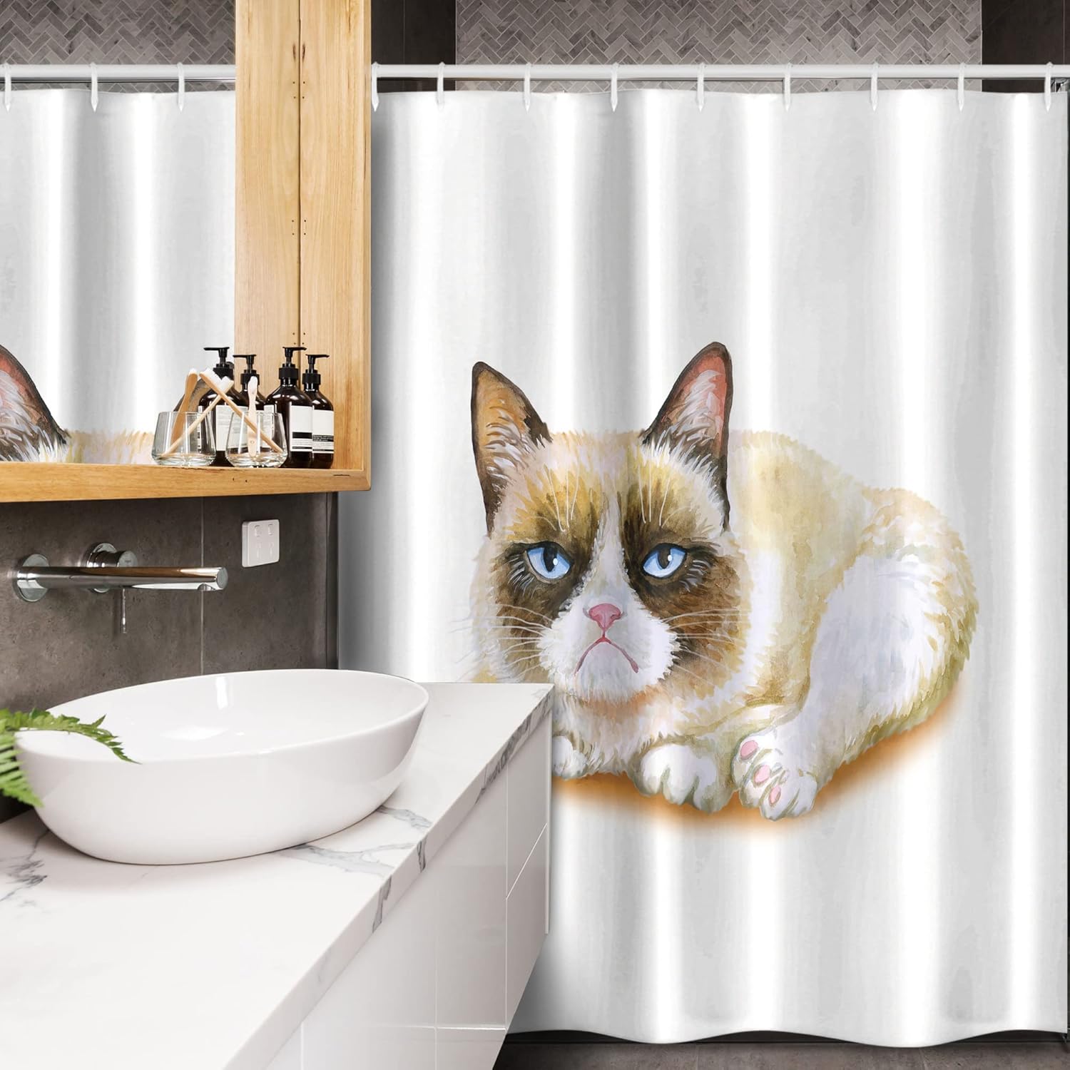 Ambesonne Animal Stall Shower Curtain, Grumpy Siamese Cat Angry Paws Kitten Moody Love Art Print Watercolor Look Print, Fabric Bathroom Decor Set with Hooks, 54" W x 78" L, Beige and Brown
